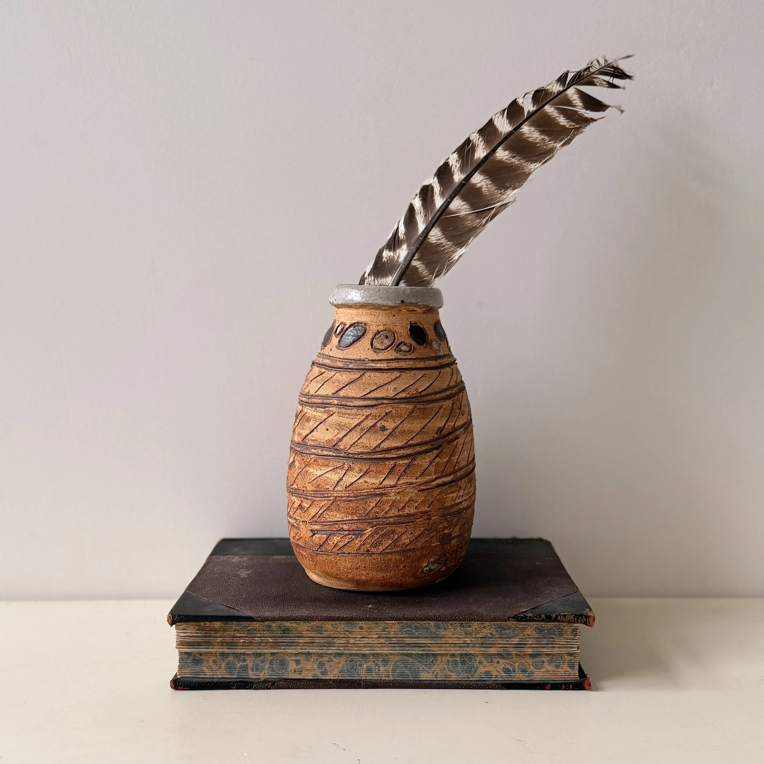 Earthy Etched Studio Pottery Stoneware Vase