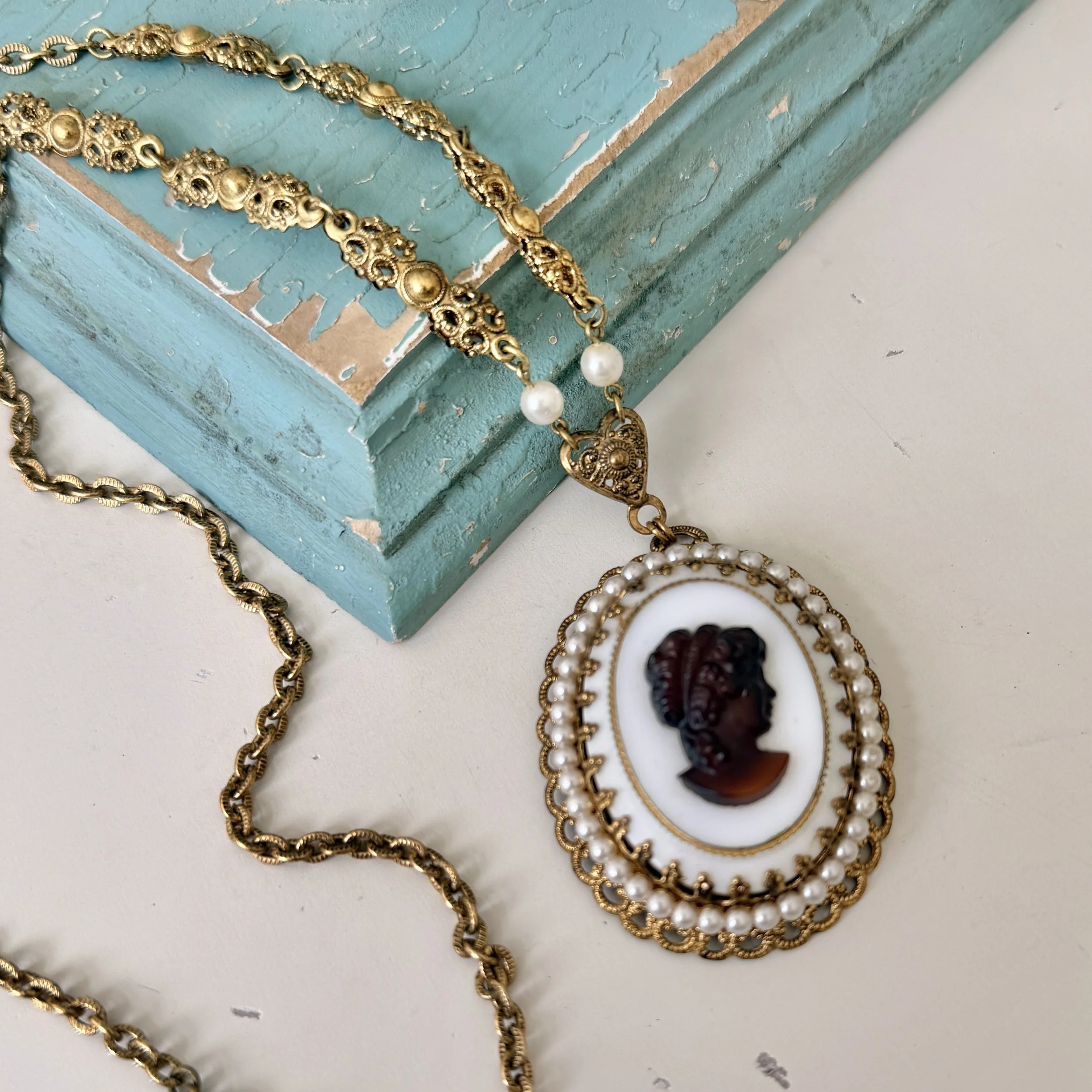 West German Vintage Victorian Revival Cameo Long Necklace