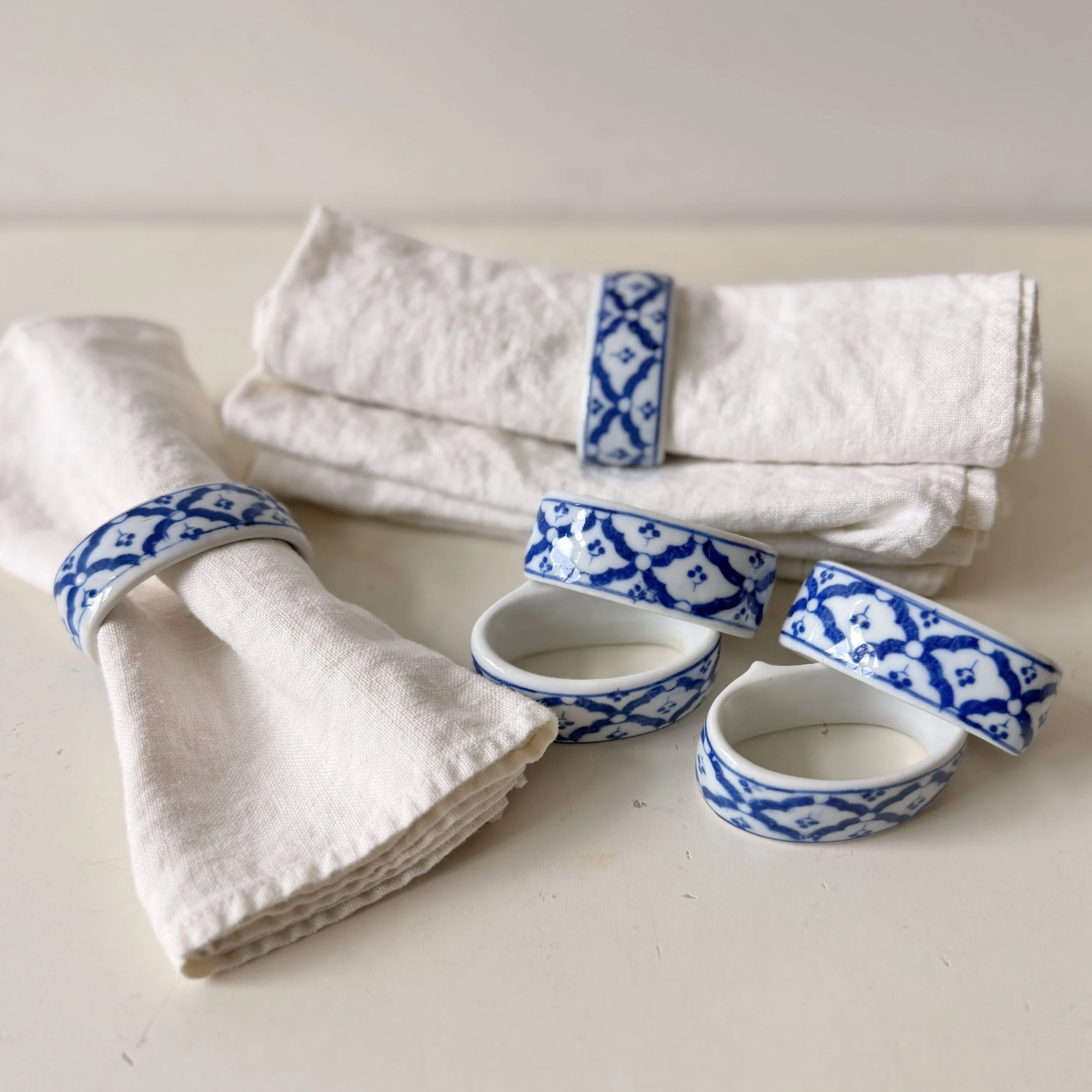 Set of 6 Country Cottage Blue & White Porcelain Napkin Rings