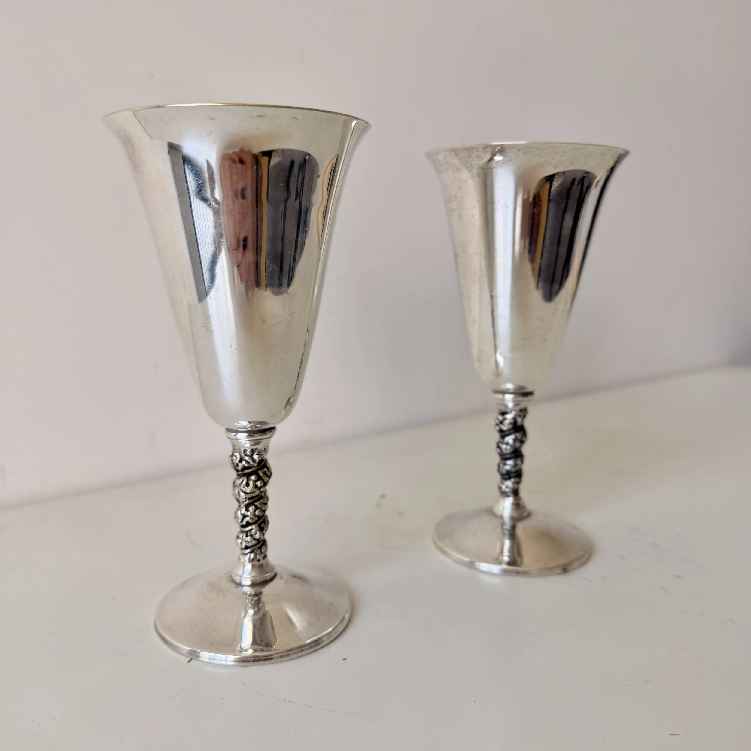 Pair of Vintage MCM Valero Silverplate Wine Goblets, Made in Spain