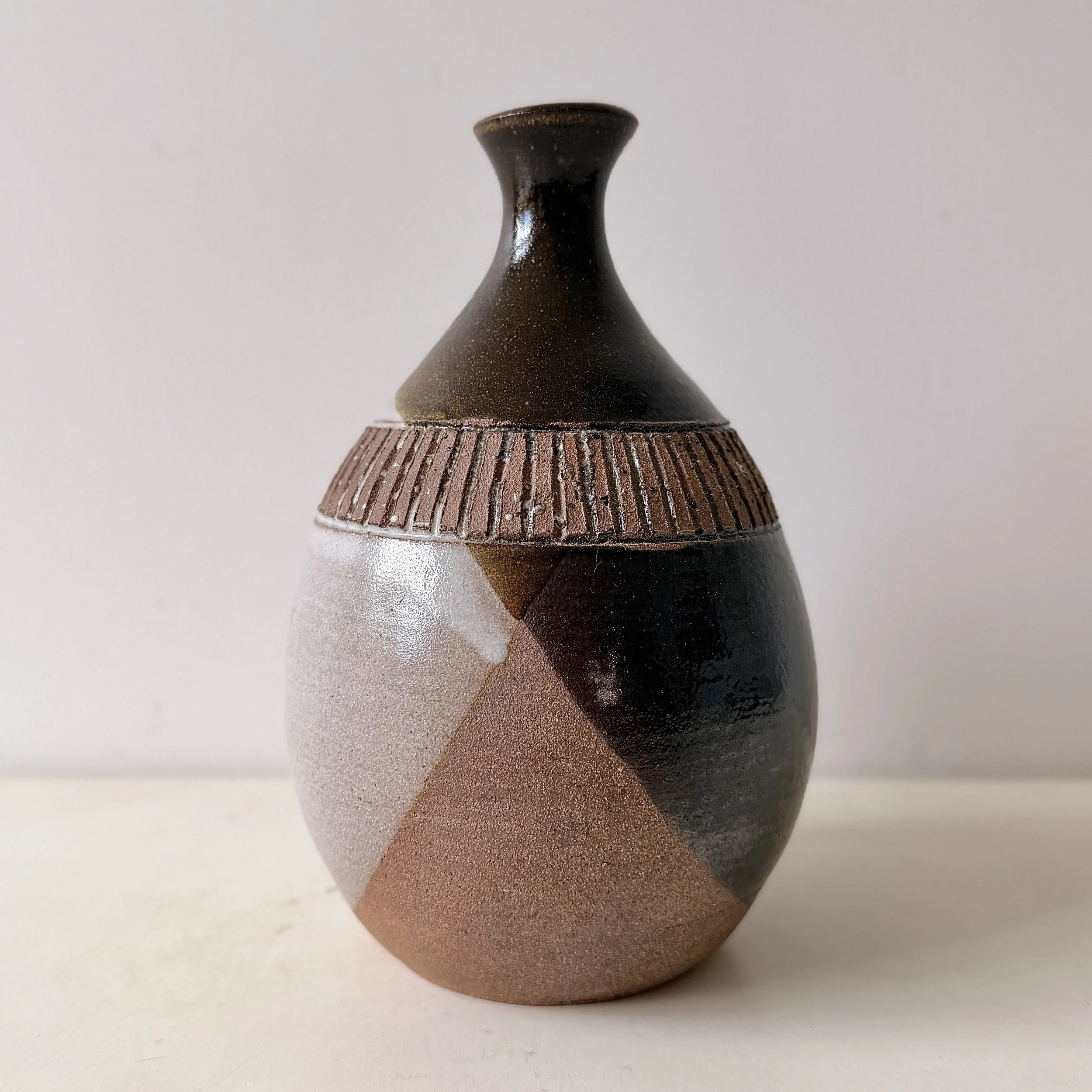 Earth-Tone Geometric Stoneware Pottery Vase