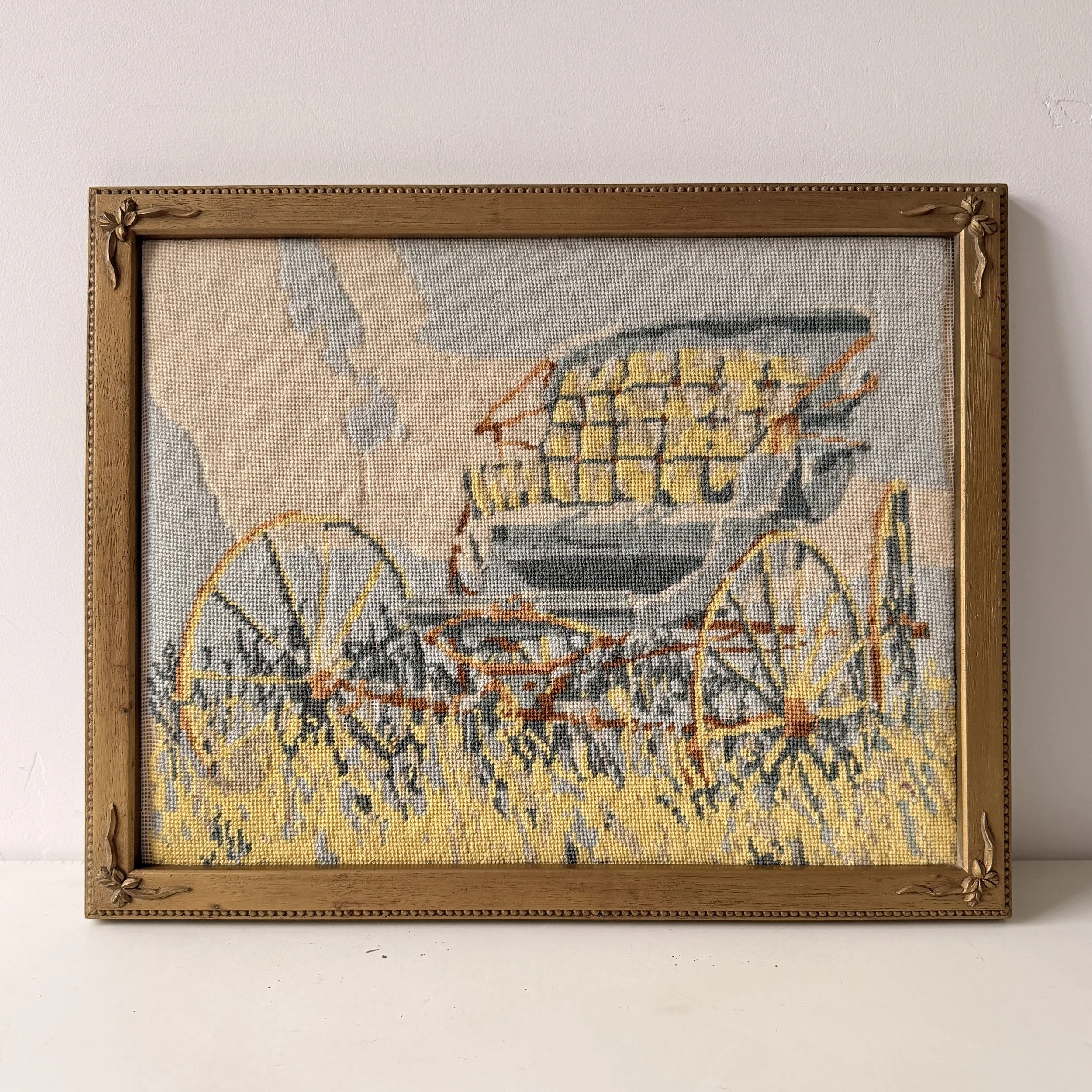 Vintage Framed Wild West Wagon Scene Needlepoint