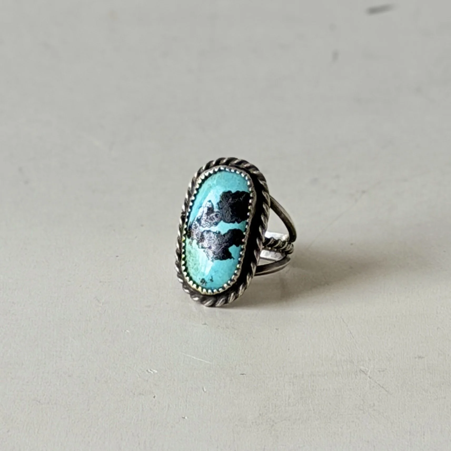 Vintage Sterling Silver Ring with Large Oval Turquoise and Black Matrix, Size 6.5