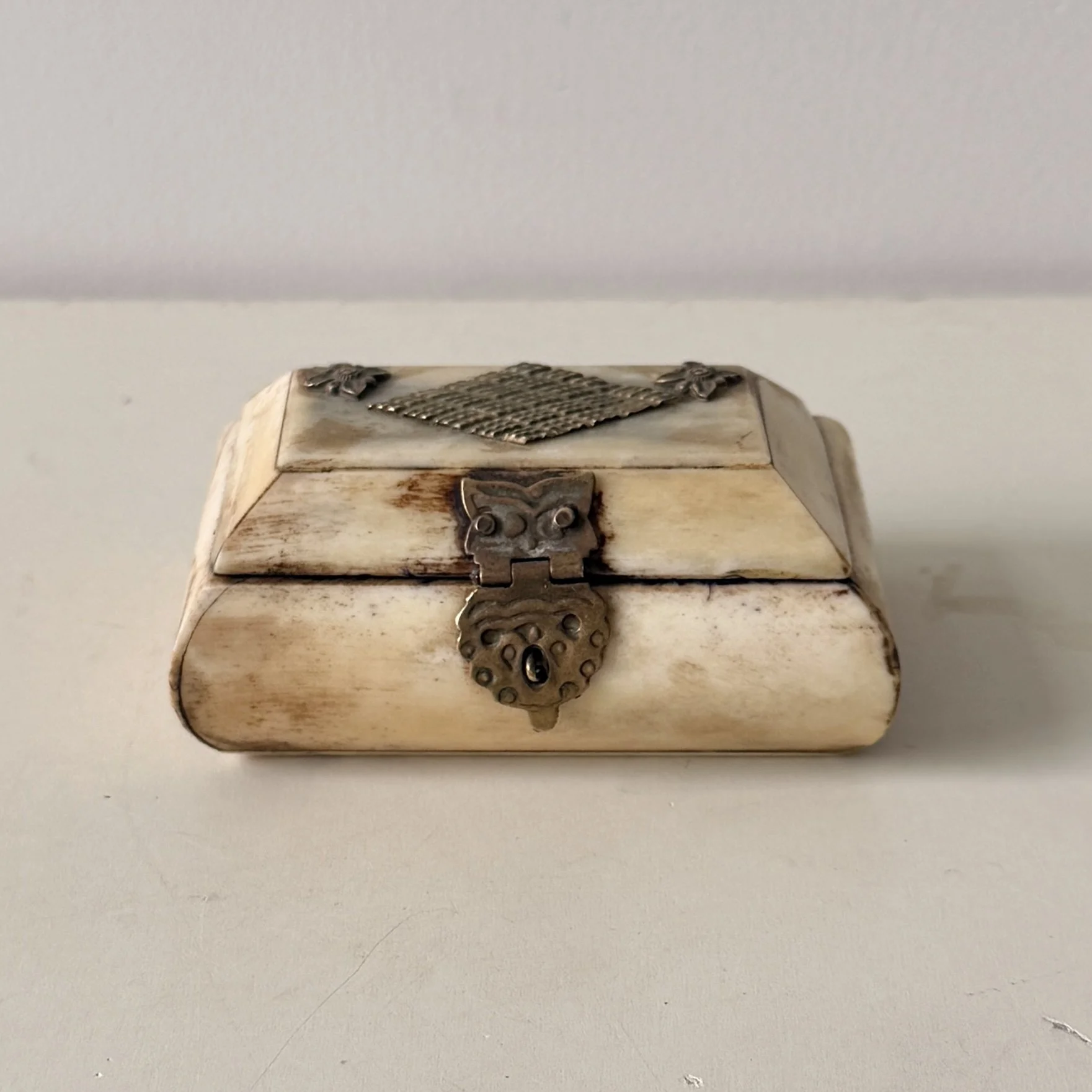 Vintage Bone Trinket Box with Brass Accents and Closure