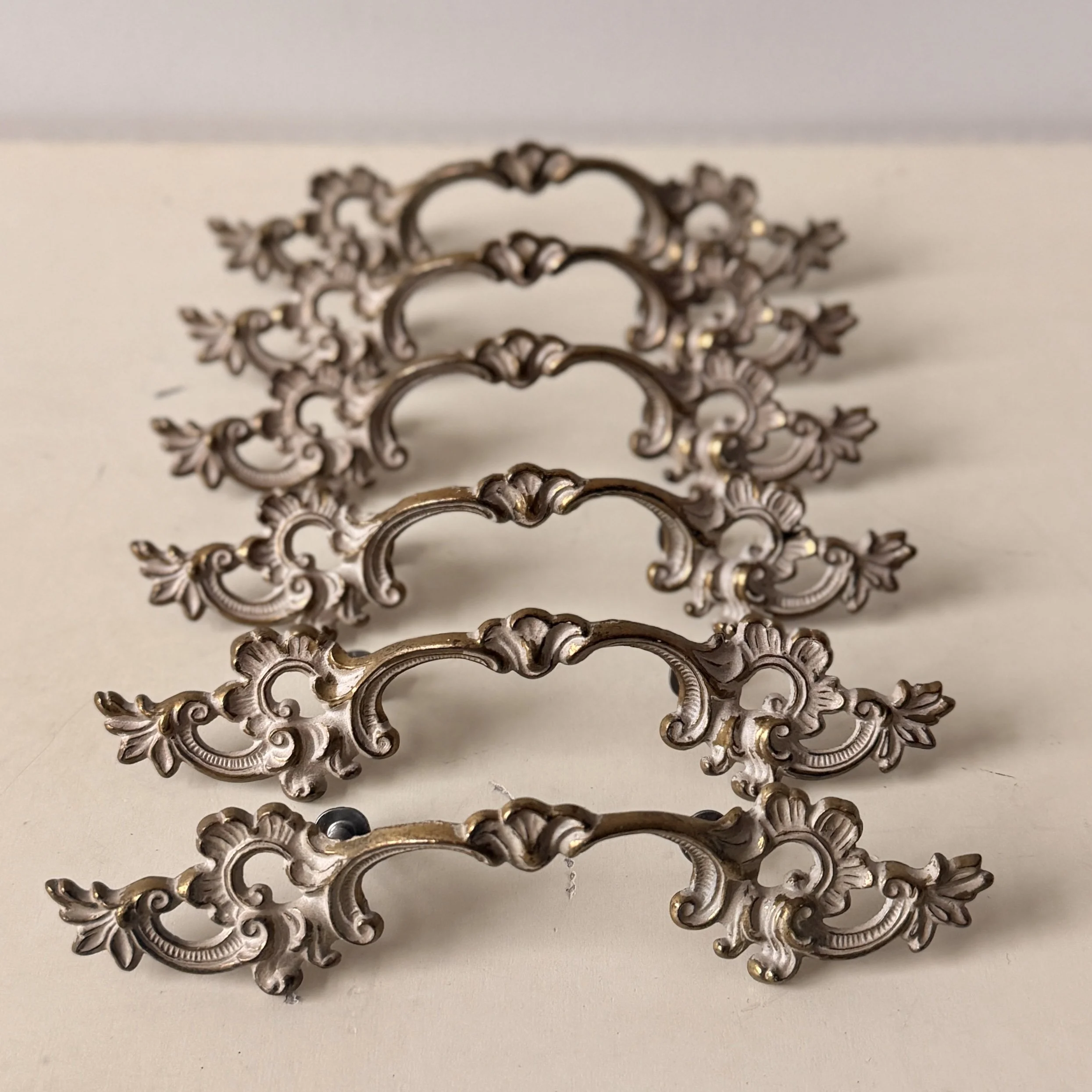 Set of 6 French Provincial Antique Brass Drawer Pulls