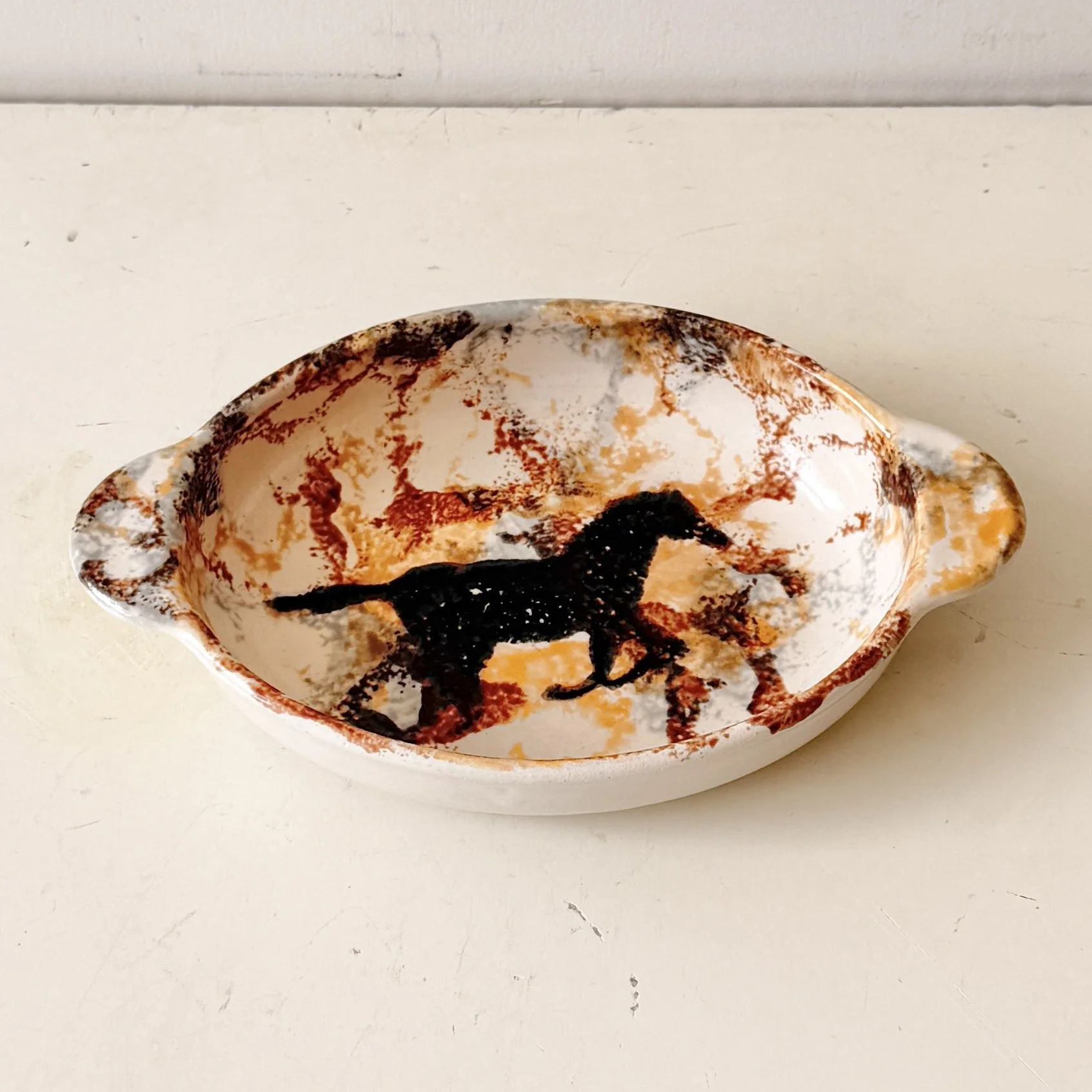 Vintage 1999 "Black Mustang" Handmade Stoneware Dish by Neher Art Pottery