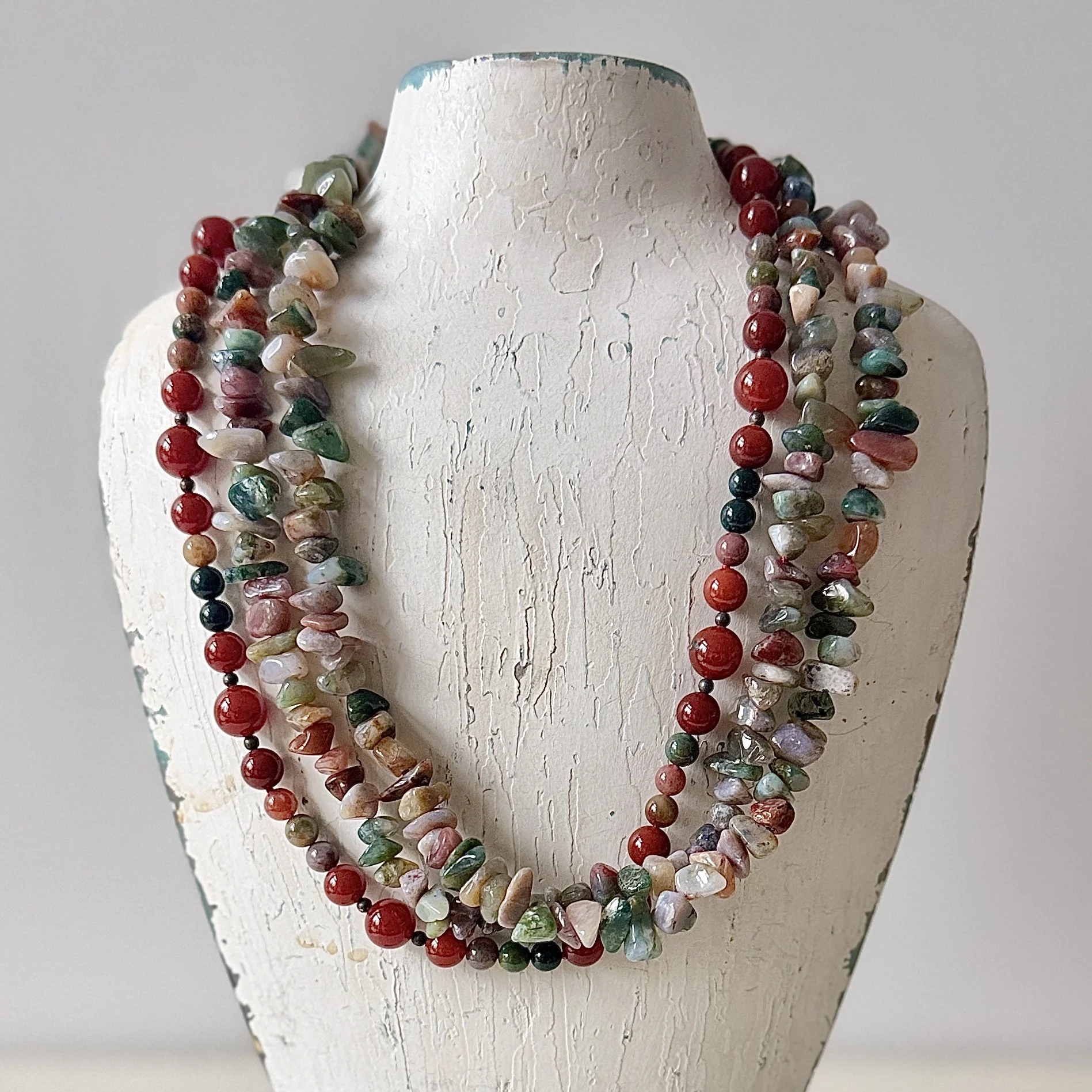 Handcrafted One-of-a-Kind Mixed Agate Triple Strand Statement Necklace