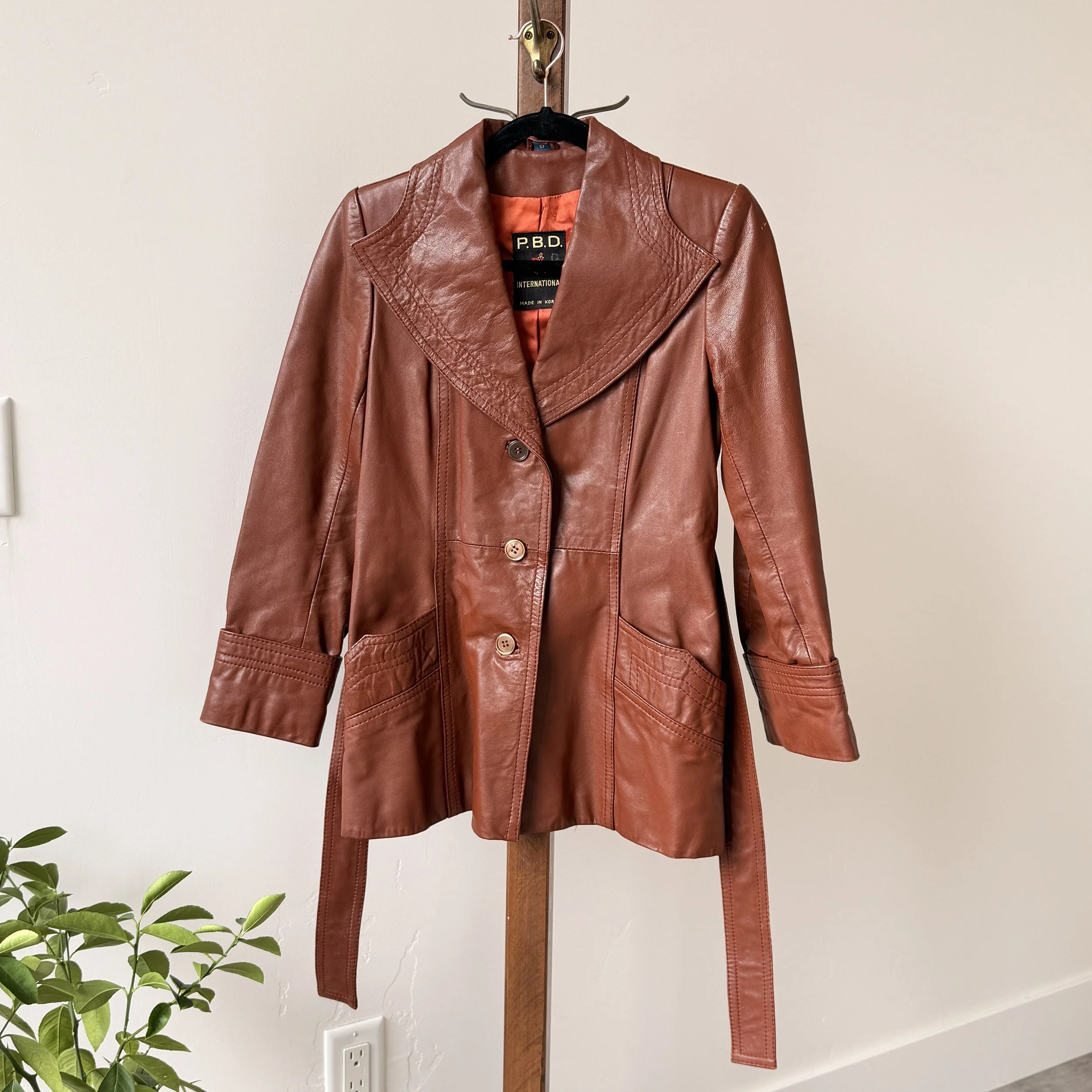 Vintage P.B.D. International Cognac Leather Blazer with Belt, Size 6