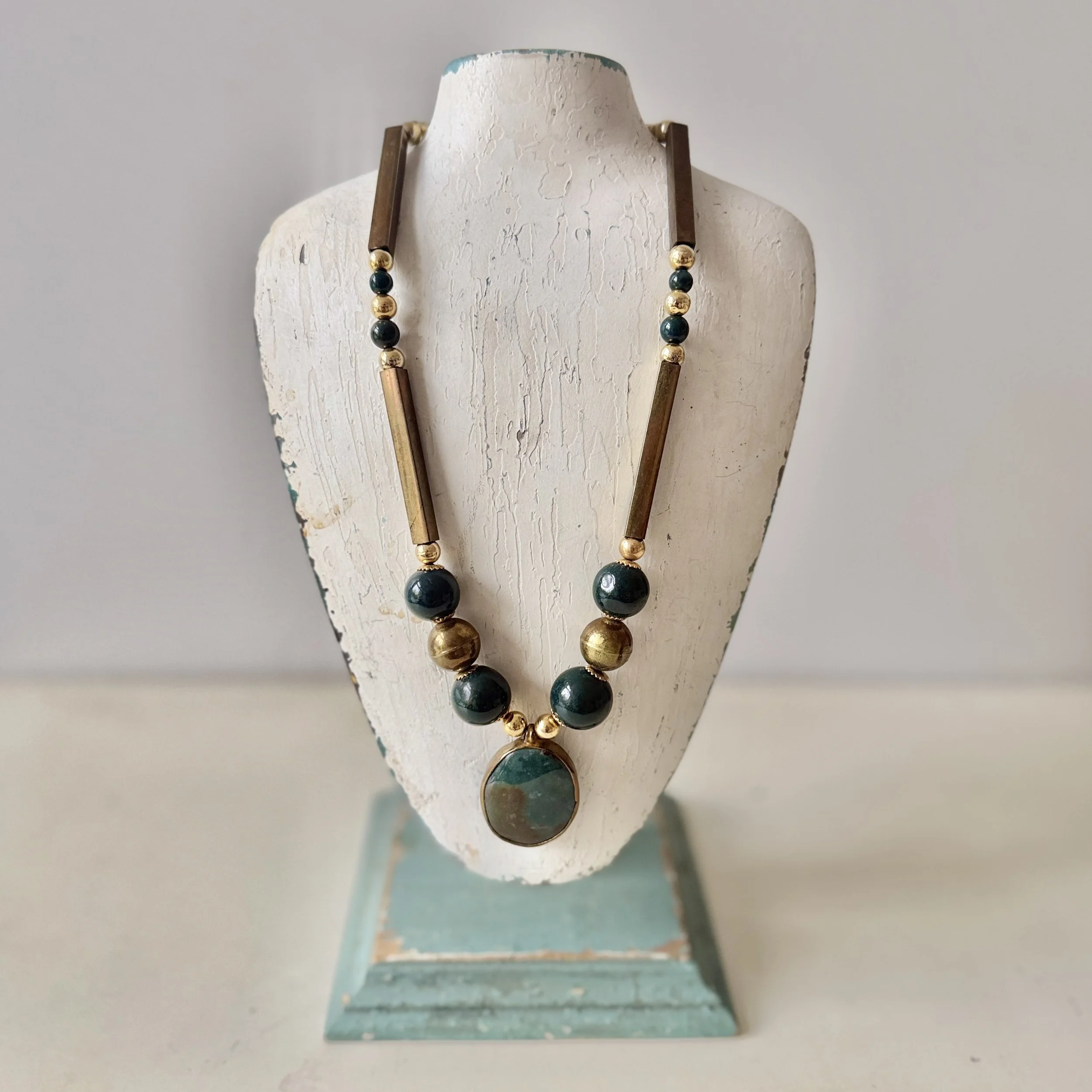 Handcrafted Deep Emerald Teal Polished Agate & Brass Pendant Necklace