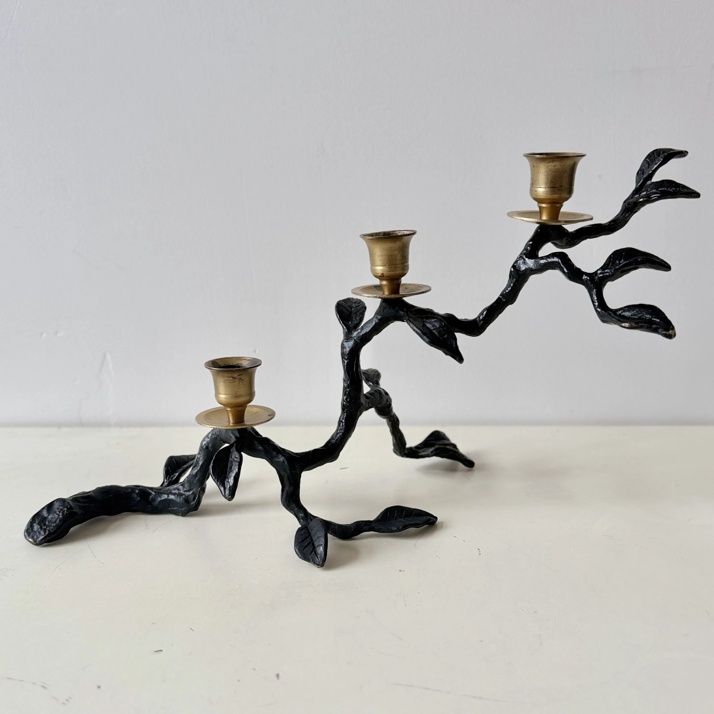 Rare Brutalist Painted Solid Brass Tree Branch 3-Tiered Candle Holder