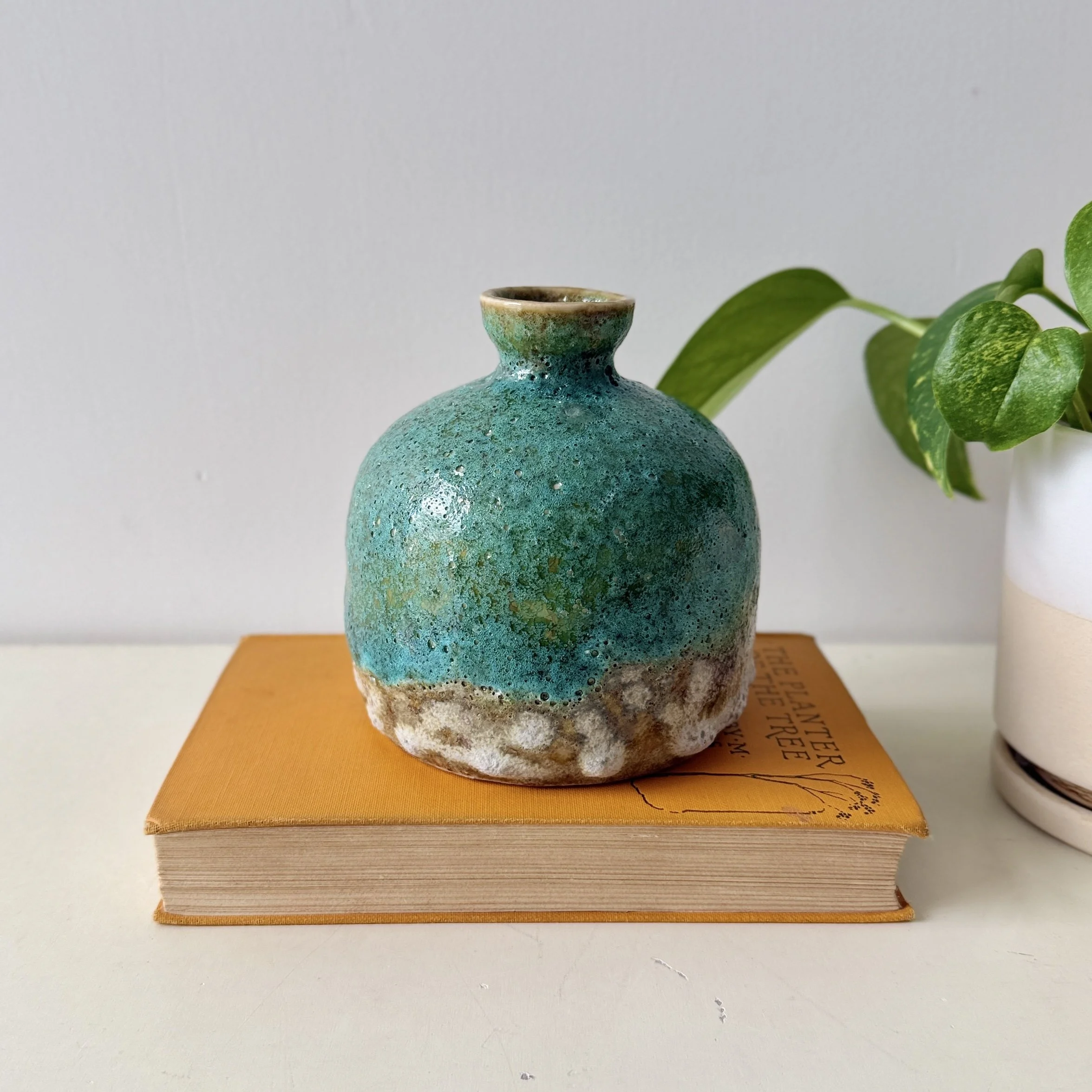 Vibrant Turquoise and Green Studio Pottery Bud Vase