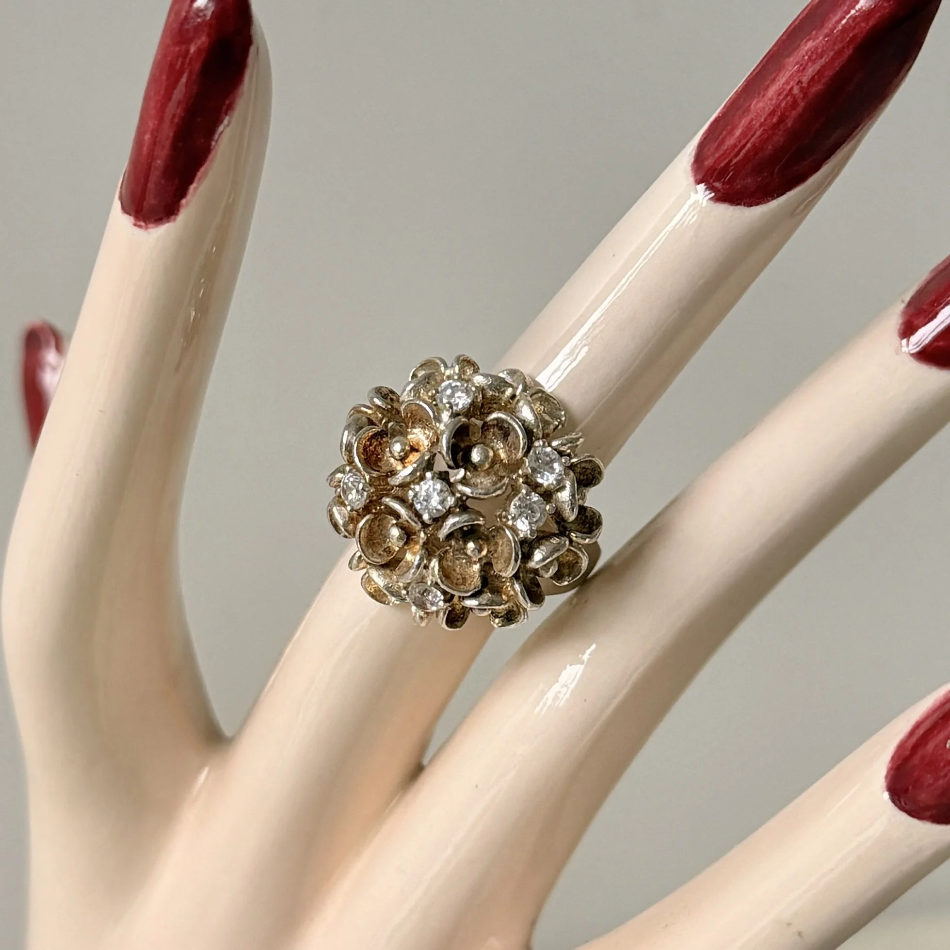 Vintage Sterling Silver Flower and CZ Cluster Ring Made in Turkey Size 7.25
