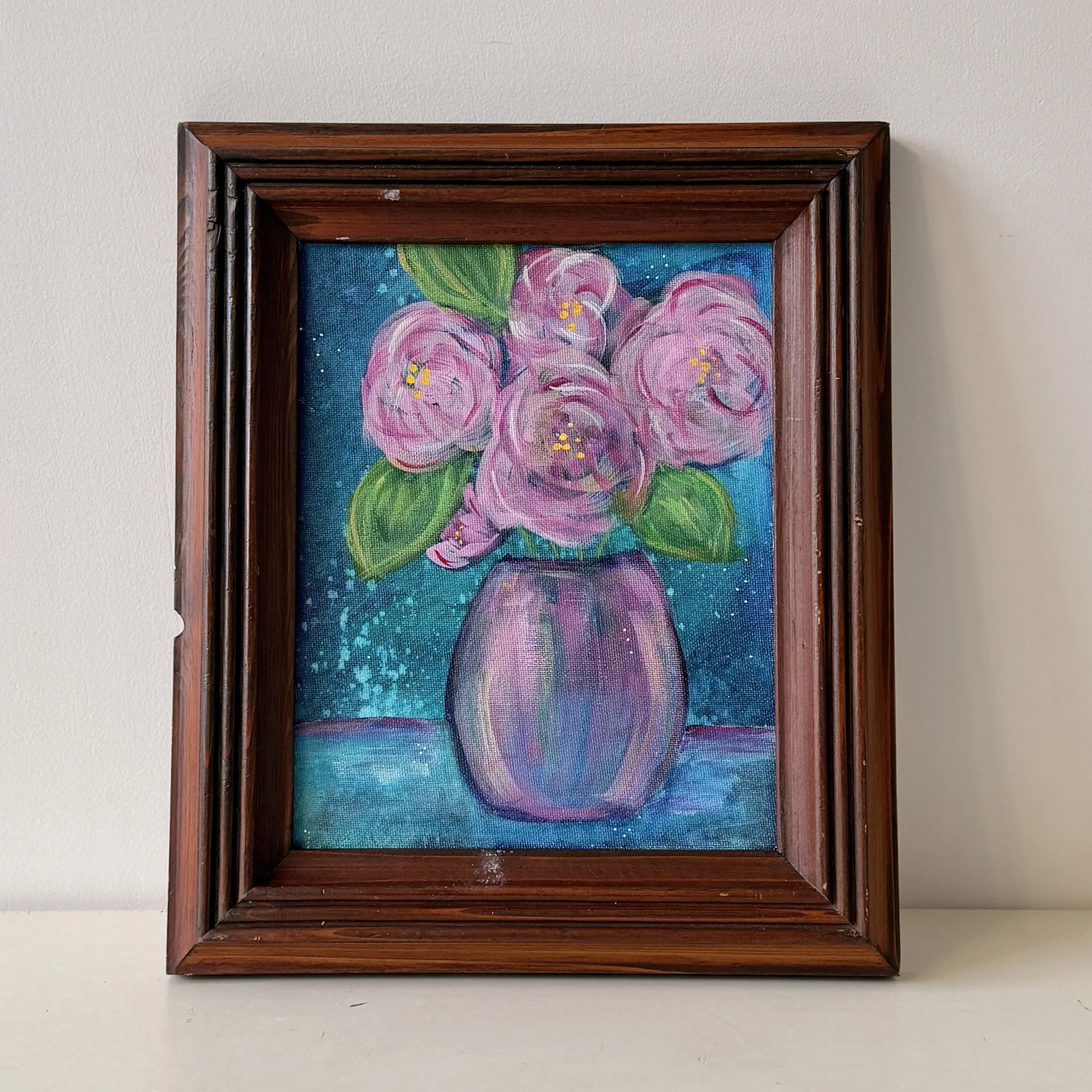 Original 8" x 10" Colorful Floral Bouquet Painting on Board in Old Vintage Wood Frame