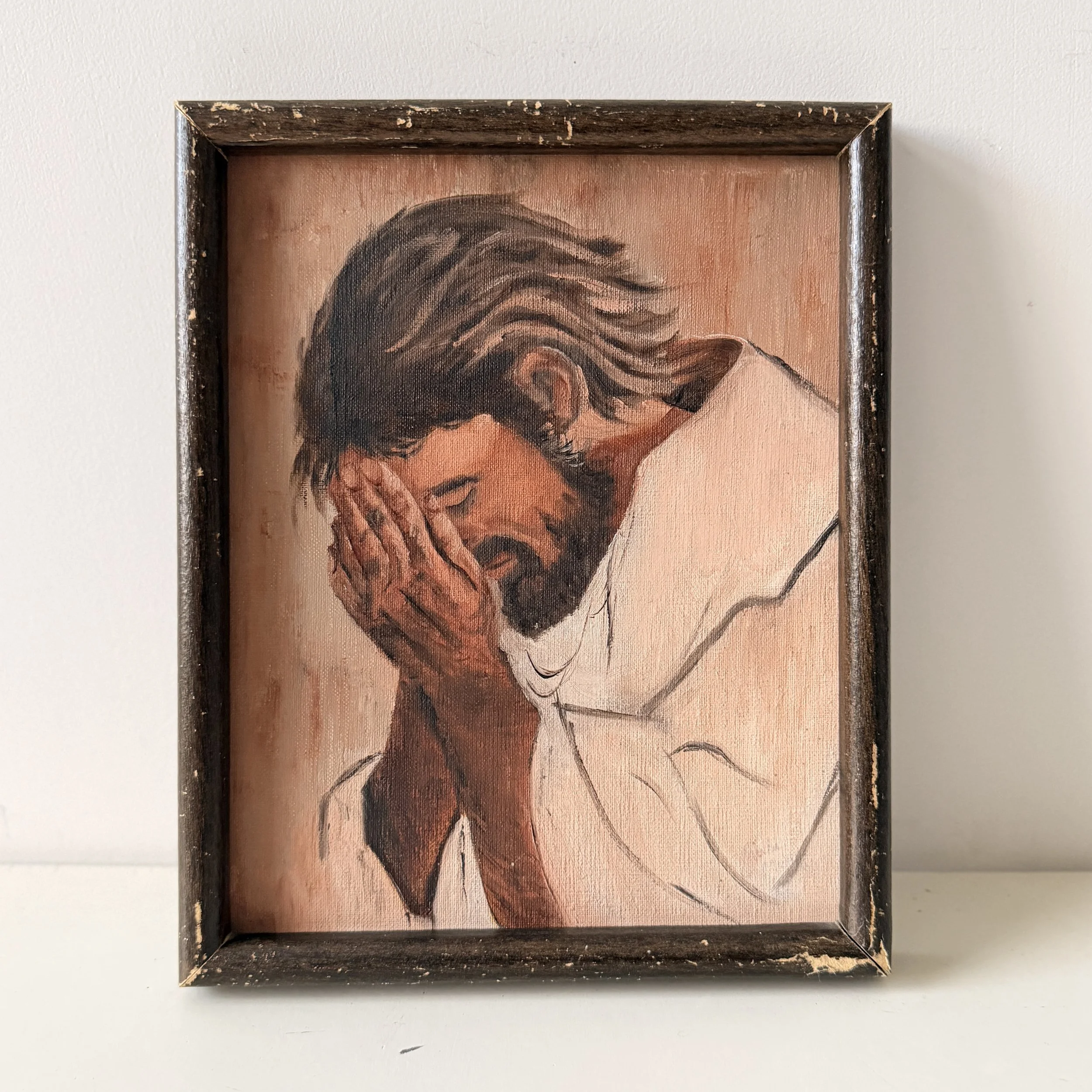 Vintage "Christ at Prayer" Framed Acrylic Painting