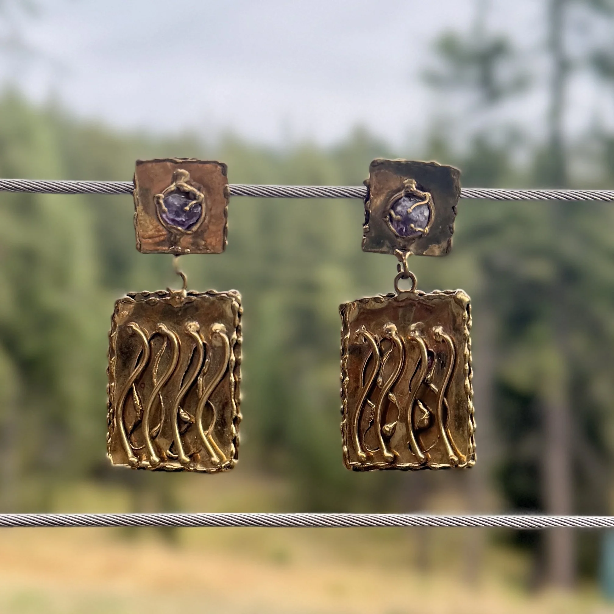 Artisan-Made Brass & Raw Amethyst Clip-On Statement Earrings