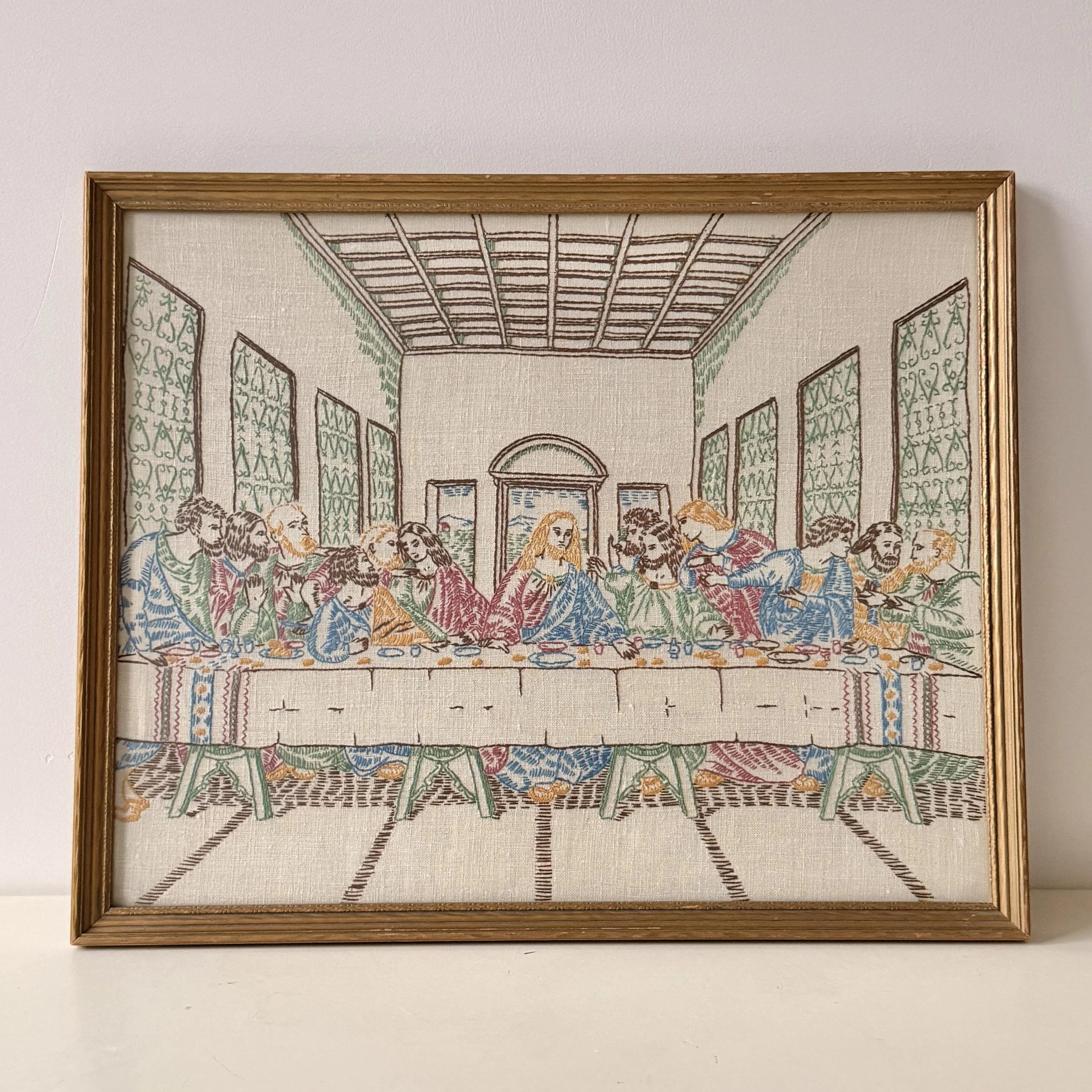 Vintage Framed Hand-stitched Crewel of The Last Supper, 20.5" x 16.75"