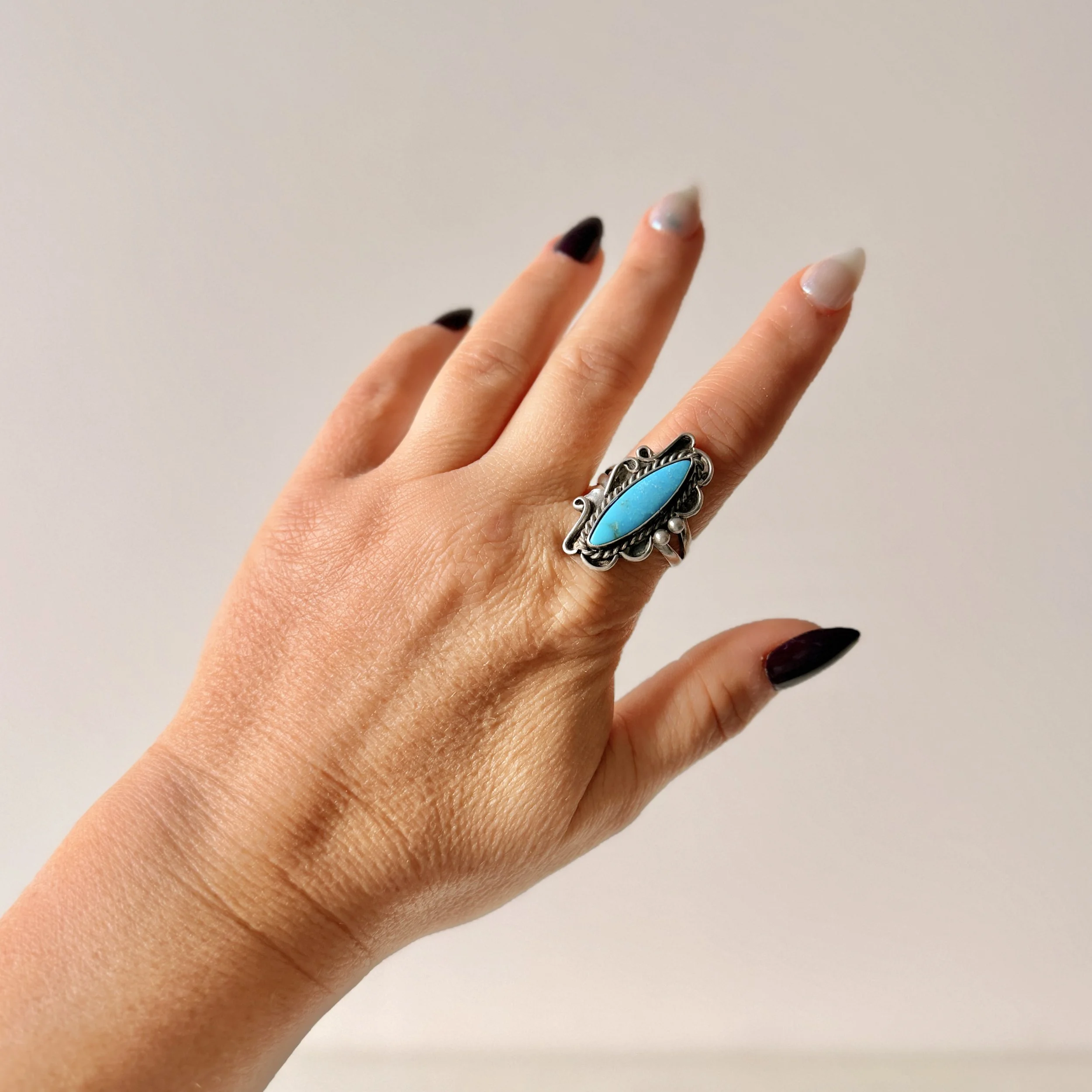 Vintage Marquise Kingman Turquoise and Sterling Silver Ring, Size 10.5