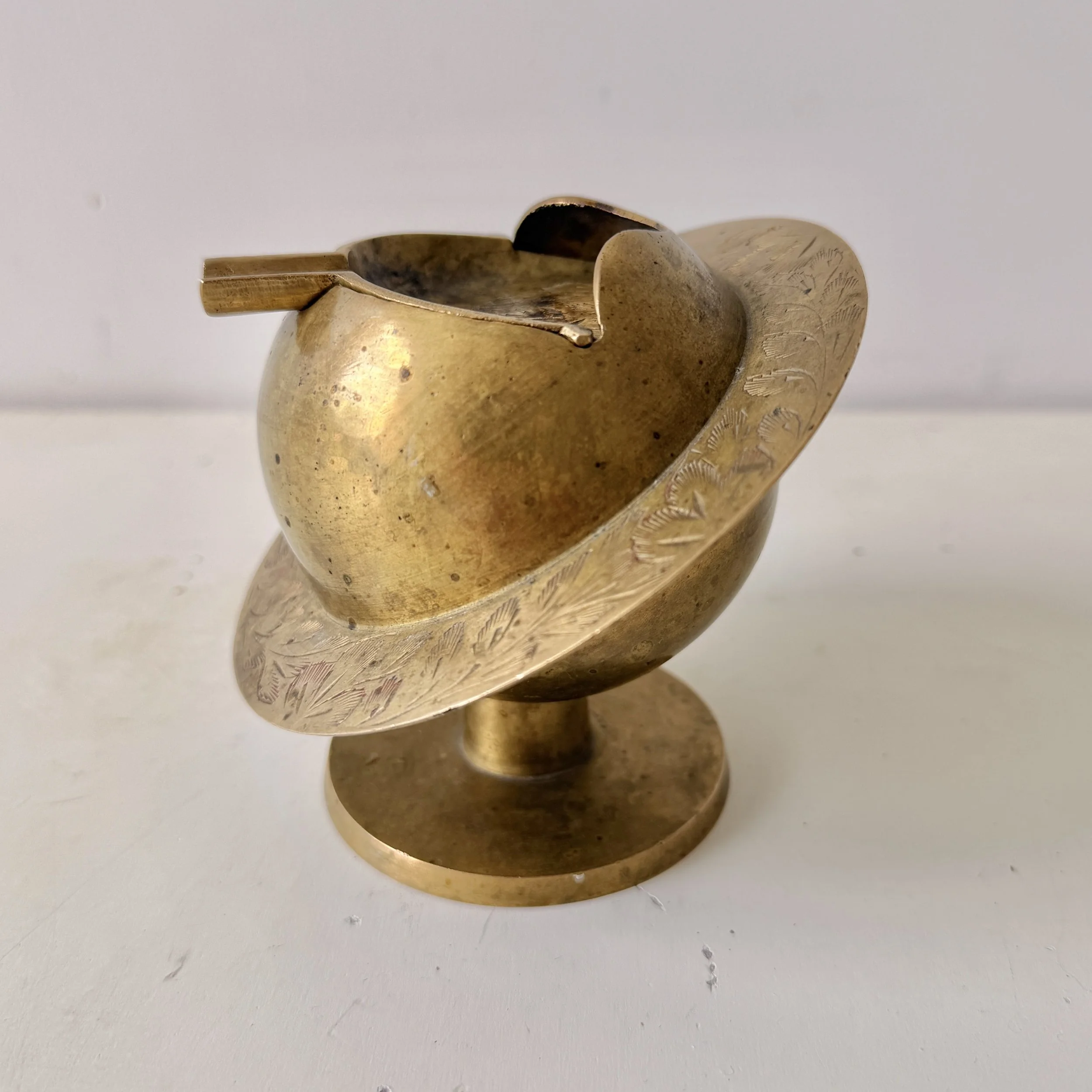 Rare 1970s Etched Brass Saturn Pedestal Ashtray