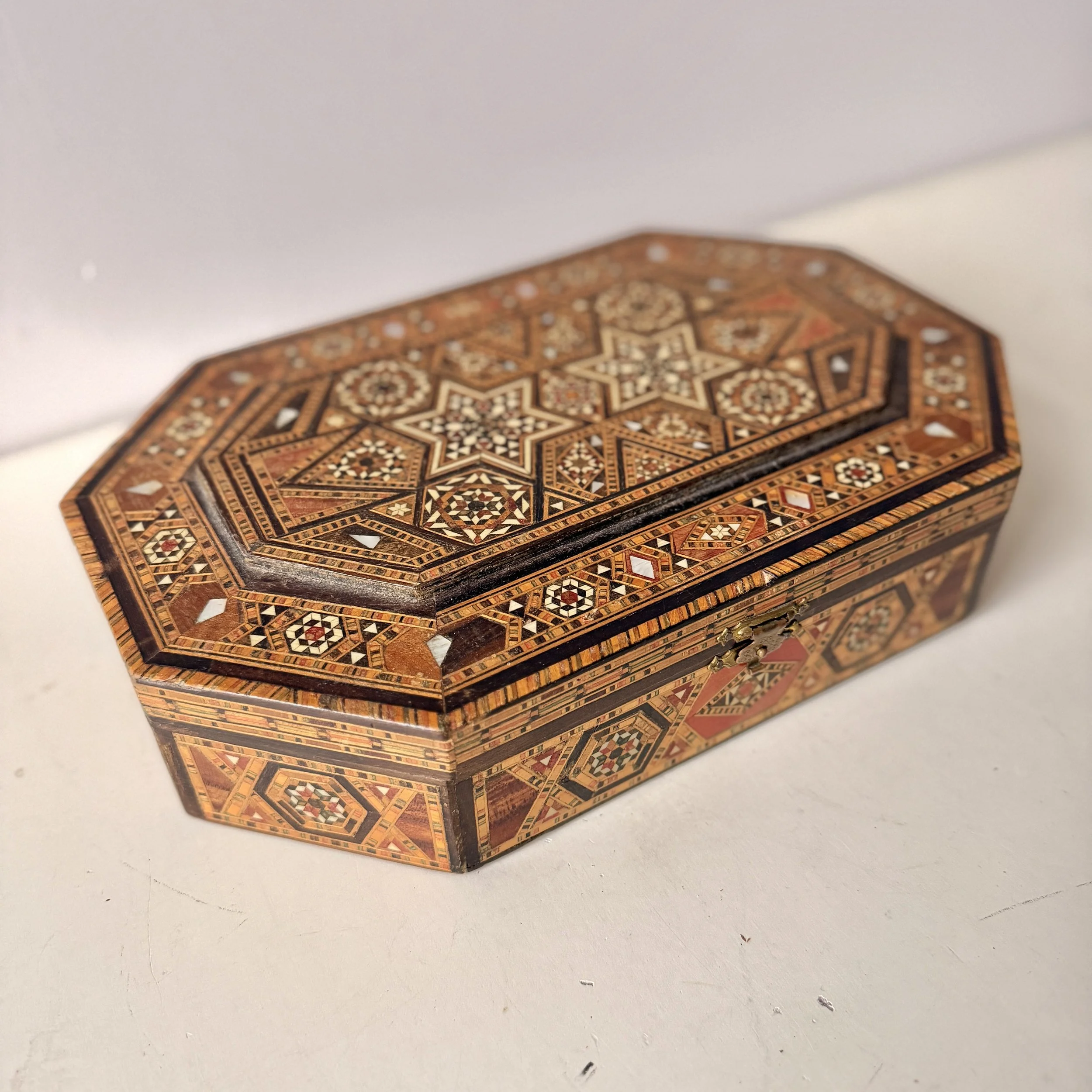 Vintage Marquetry Mosaic Wooden & Mother of Pearl Keepsake Box