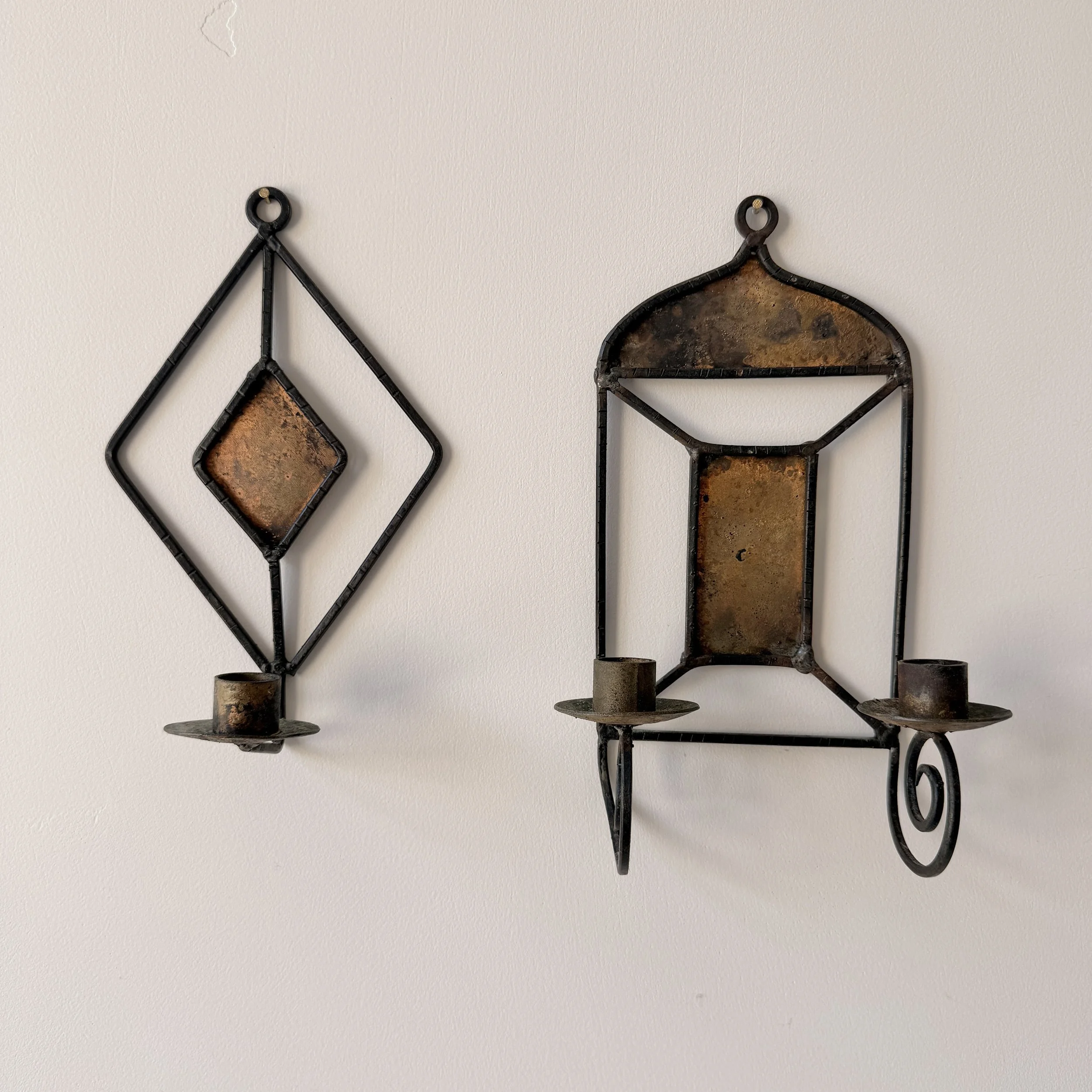 Pair of Vintage Rustic Metal Wall-Mounted Taper Candle Holders