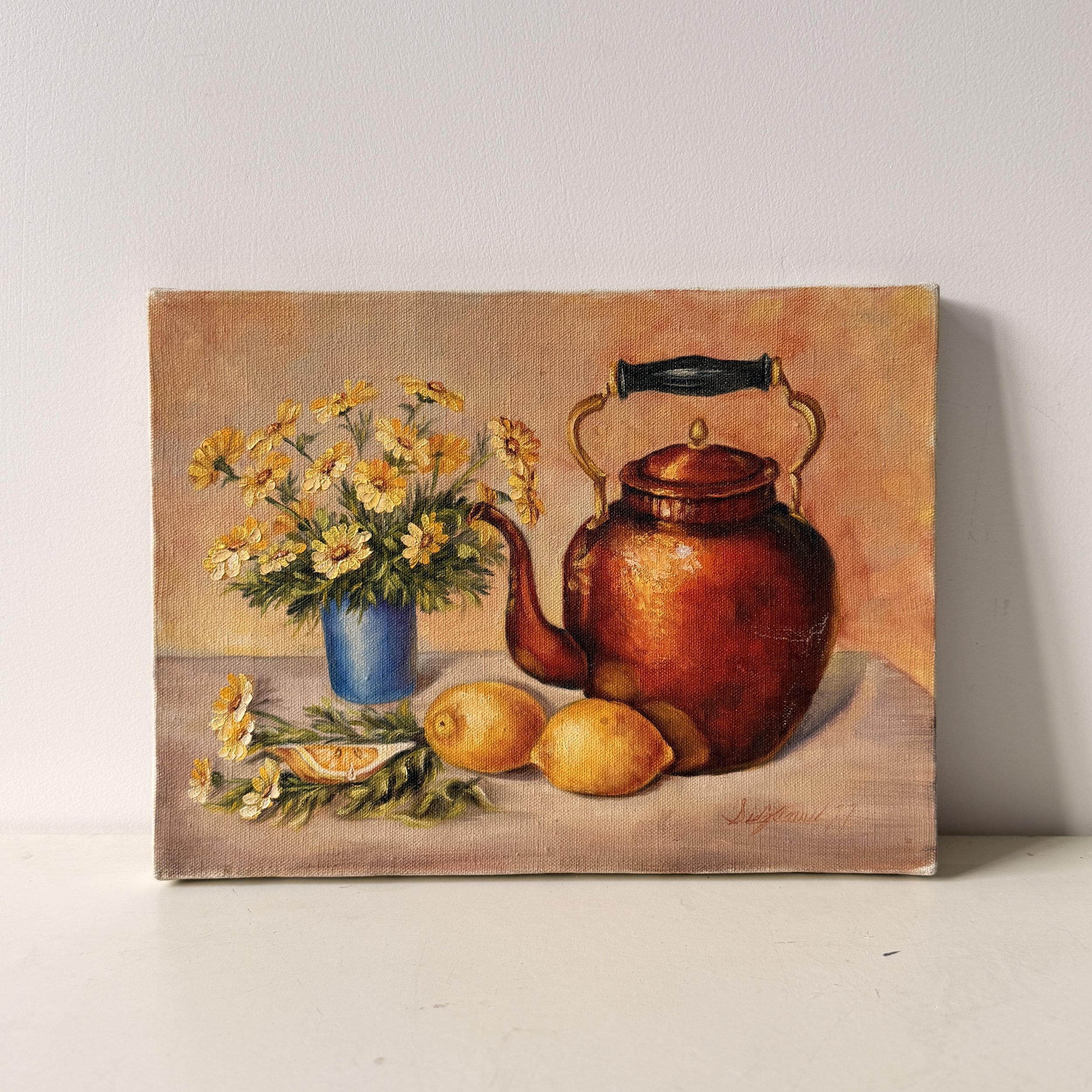 Vintage 1977 Original Signed Teapot and Daisies Still Life Painting 12" x 9"