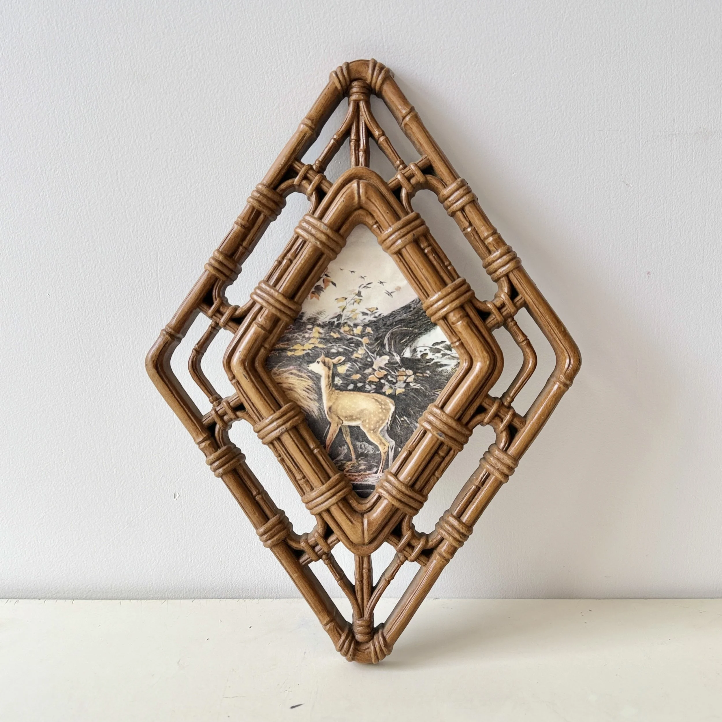 Vintage 1983 Diamond Shaped Faux Bamboo Resin Frame with Fawn Print by Homco Inc.