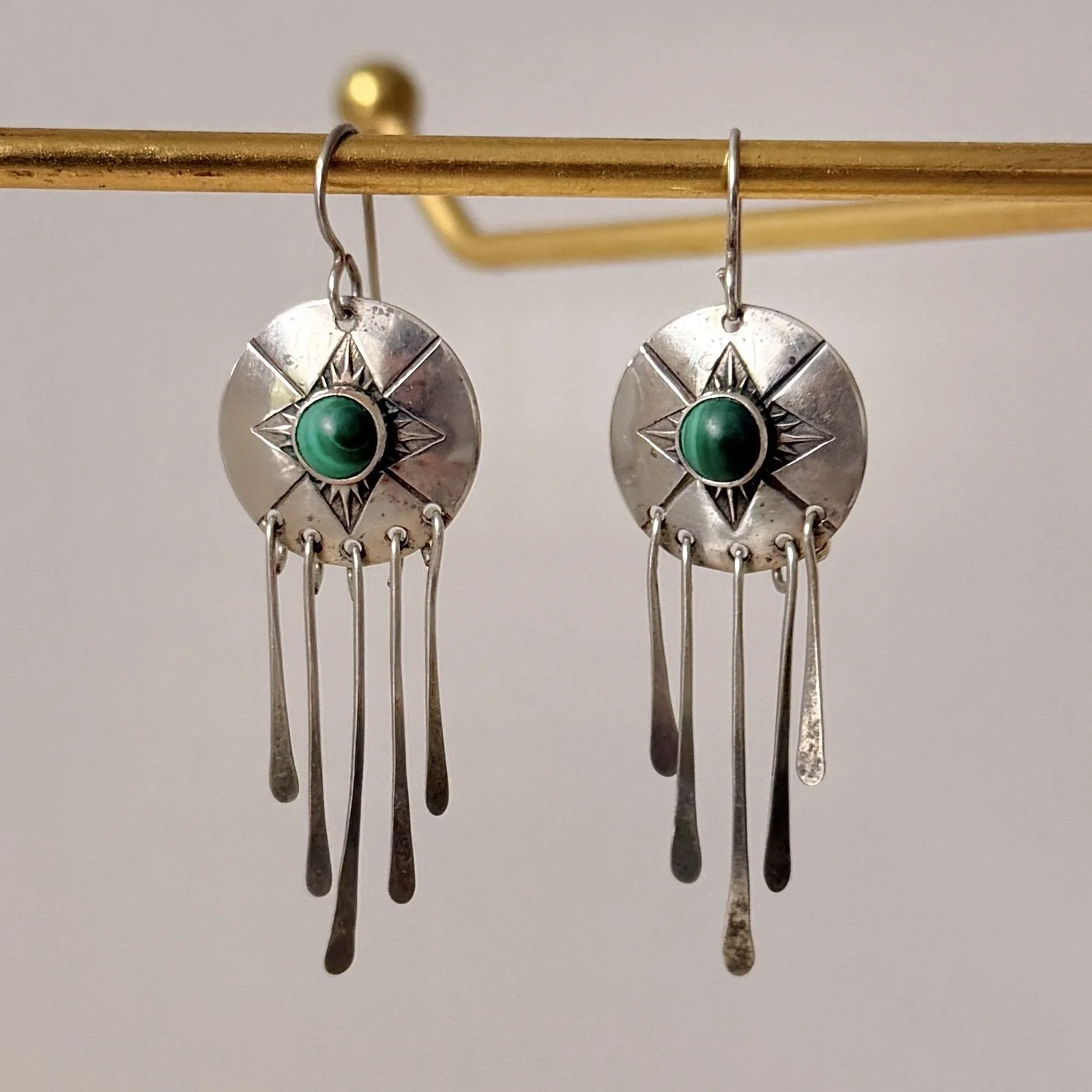 Vintage Southwest Sterling Silver & Malachite Dangle Earrings