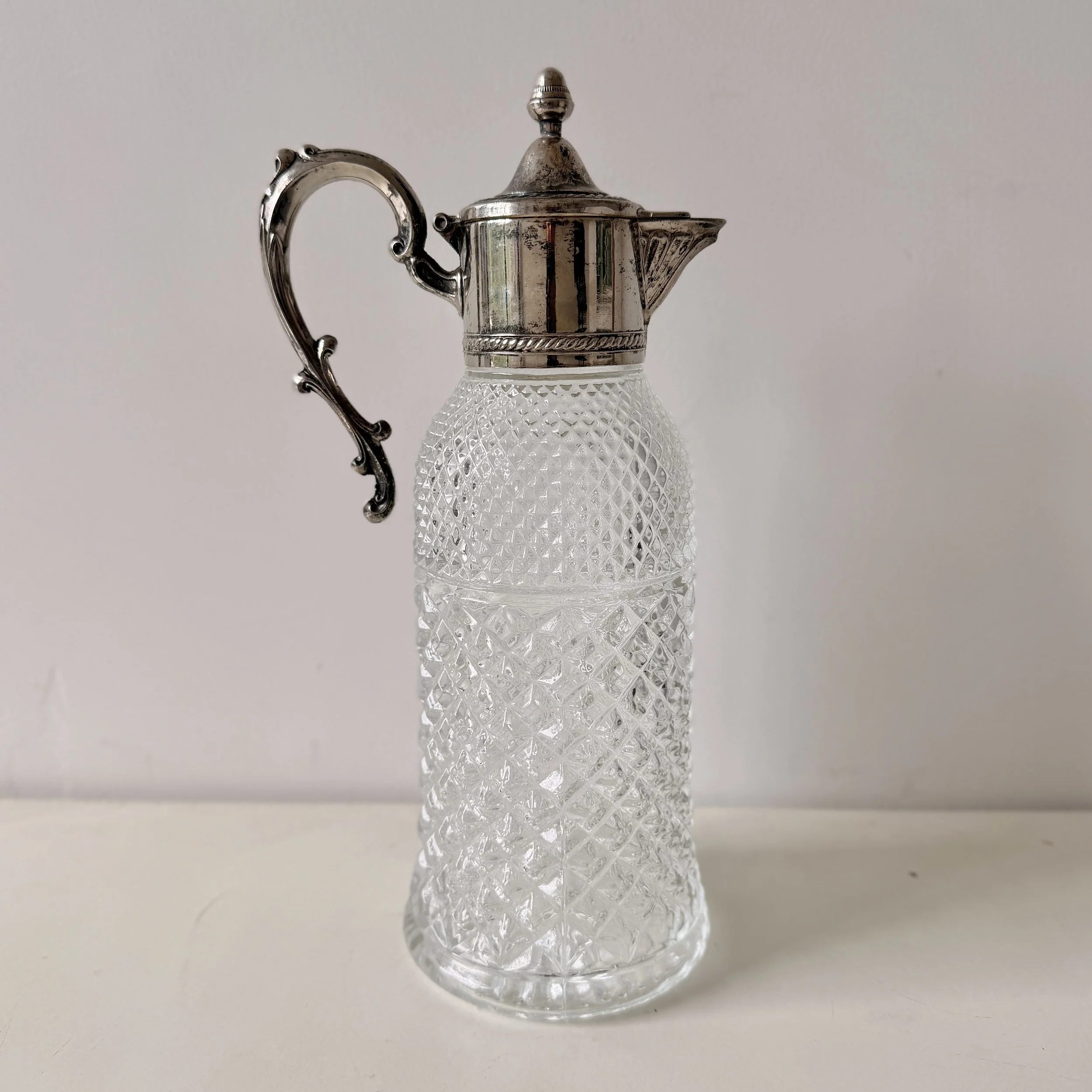 Vintage Cut Glass & Silverplate Pitcher, Made in Italy