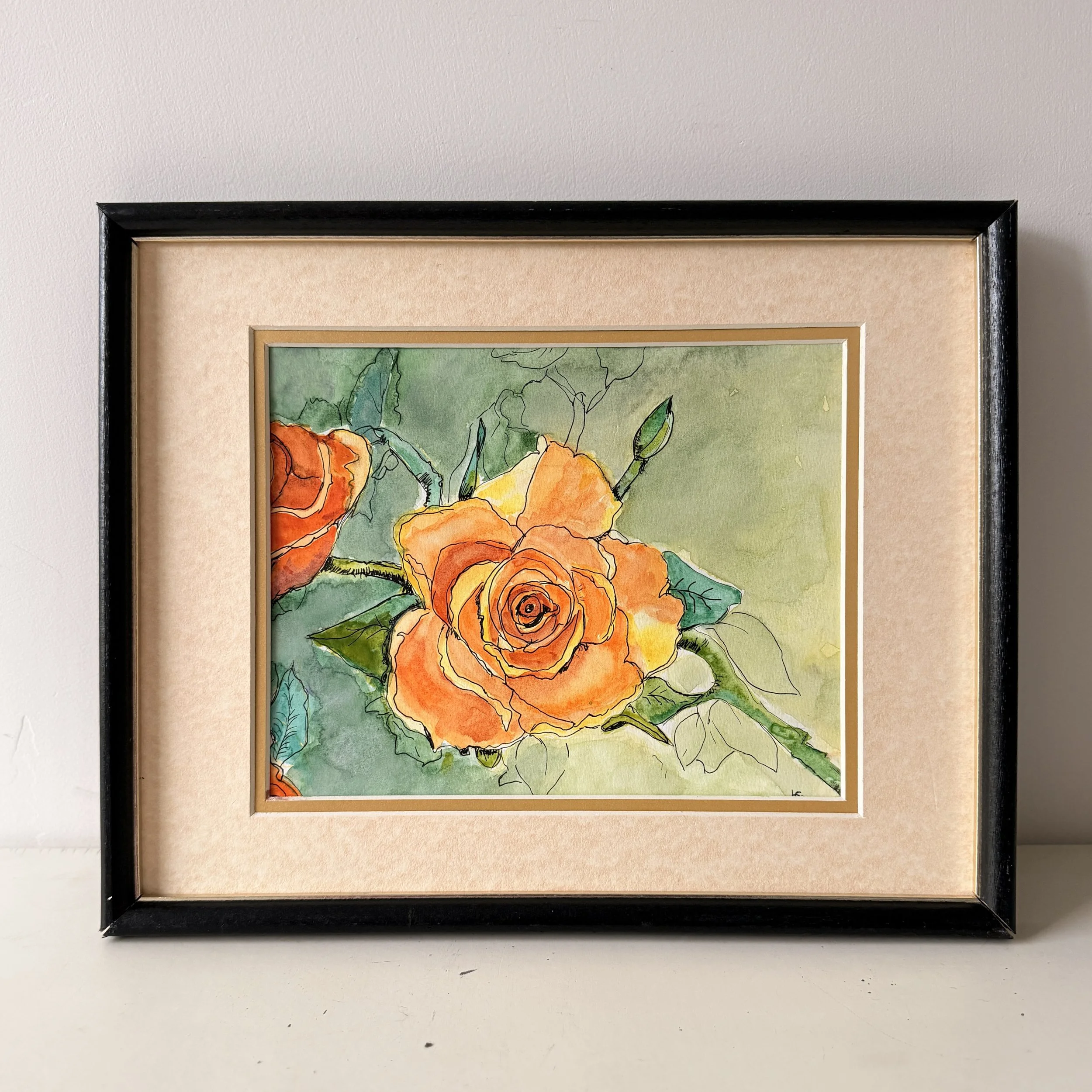 Original "Roses in Gold" Framed Watercolor & Ink Painting by Lorna Barrowman, Idaho