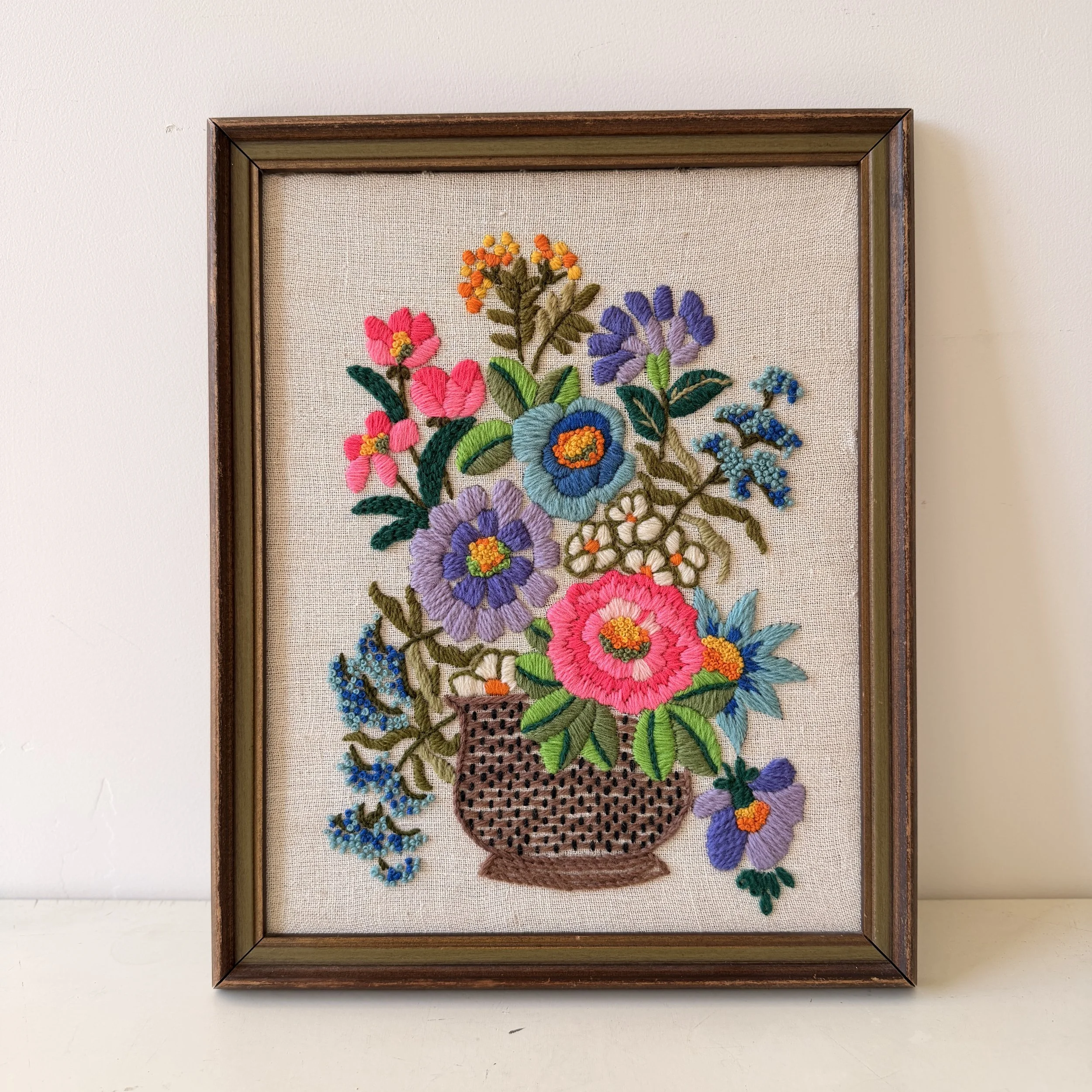 Vintage 1970s Framed Floral Needlework Embroidered Yarn Art