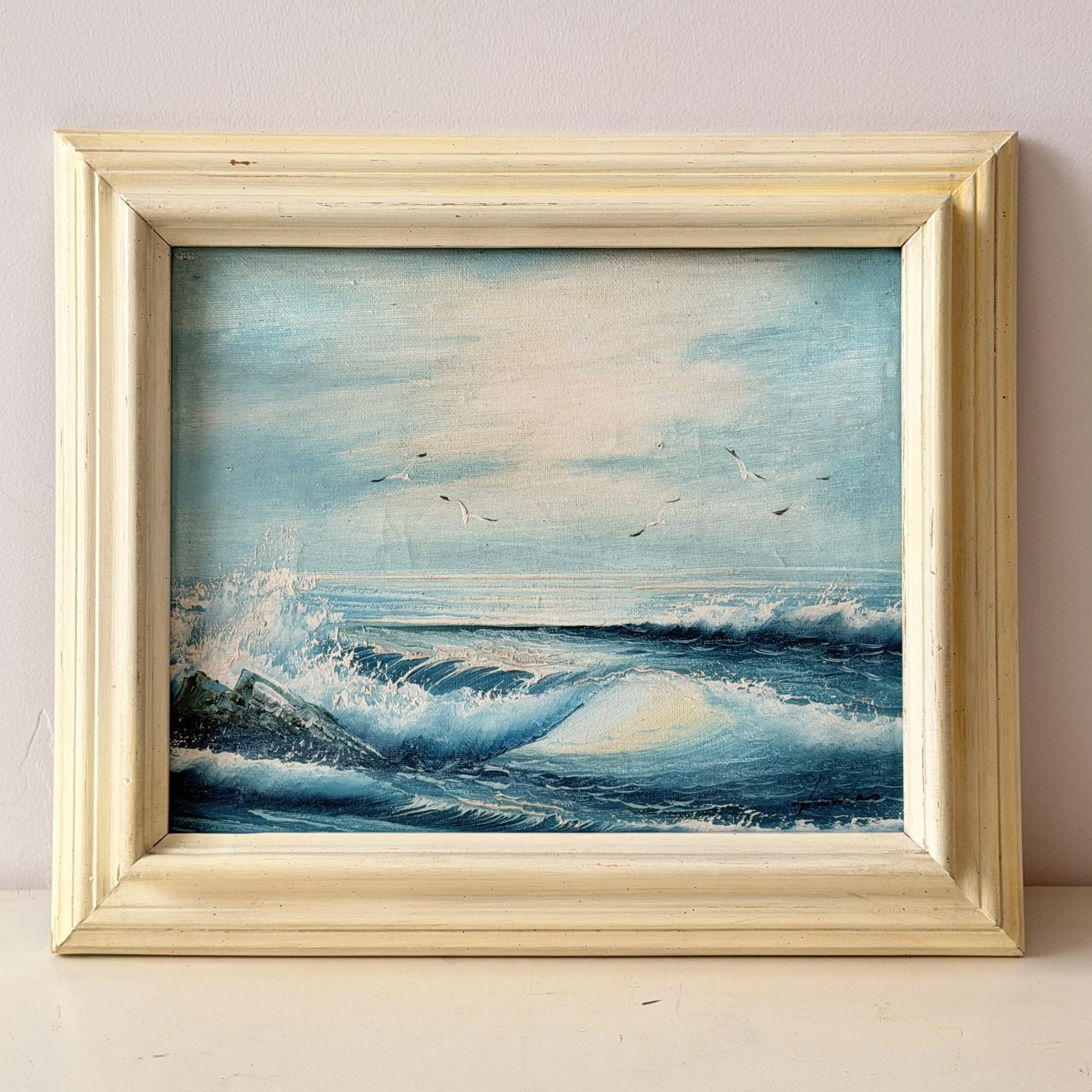 Original Framed Vintage Ocean Wave Painting on Canvas
