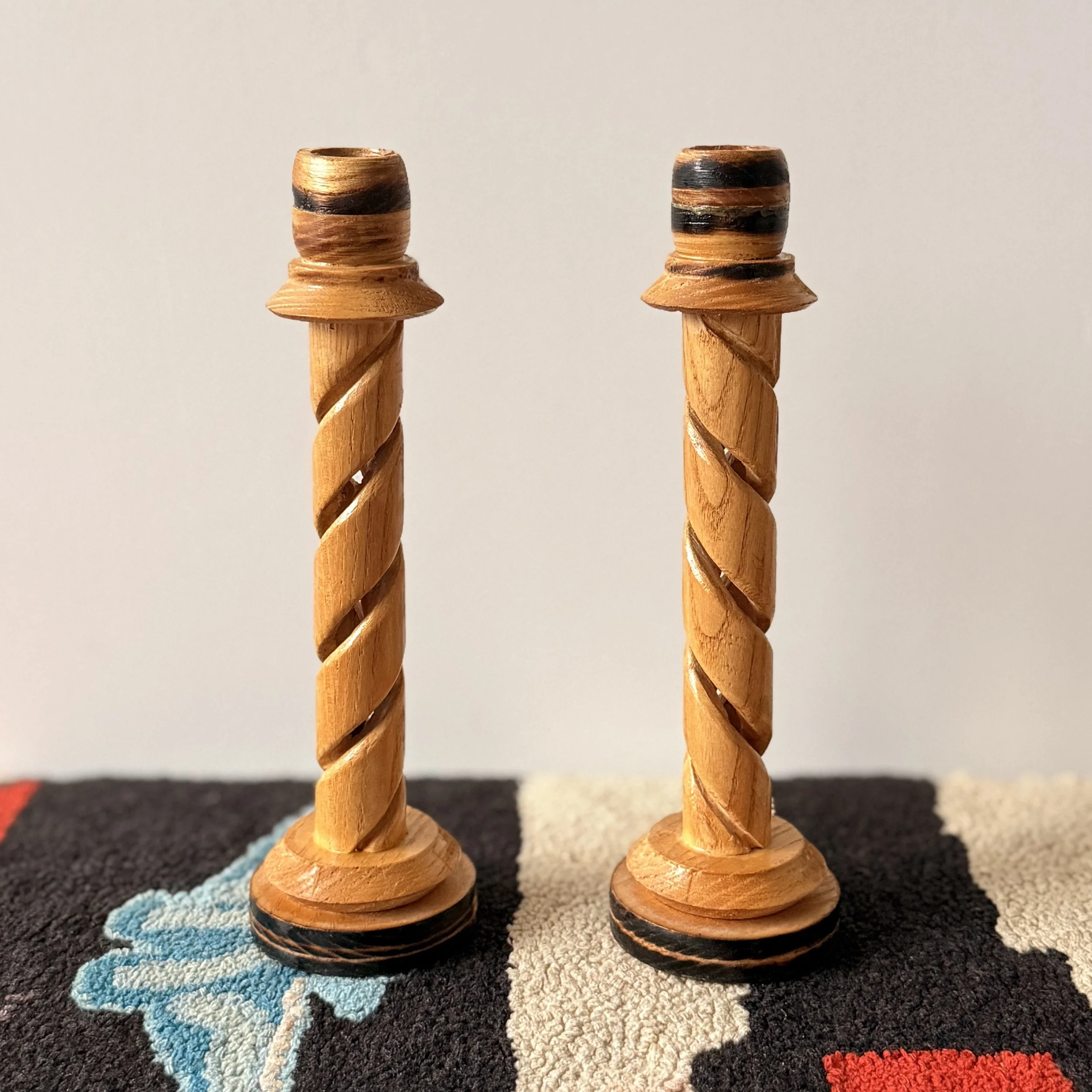 One-of-a-Kind Vintage Twisted Wood Candlestick Holders