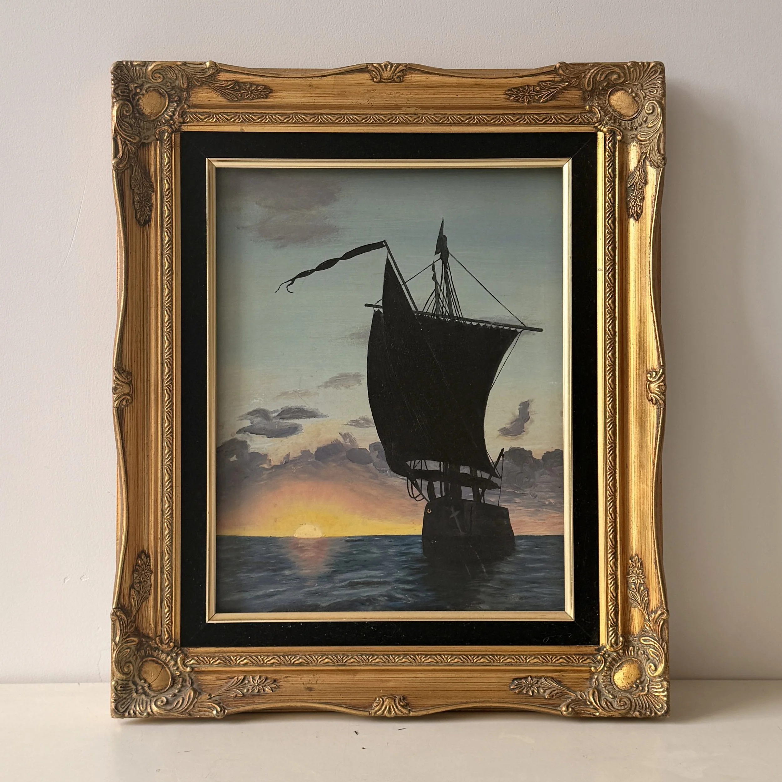Vintage 1963 Ship Silhouette Painting on Board with Ornate Gilded Frame