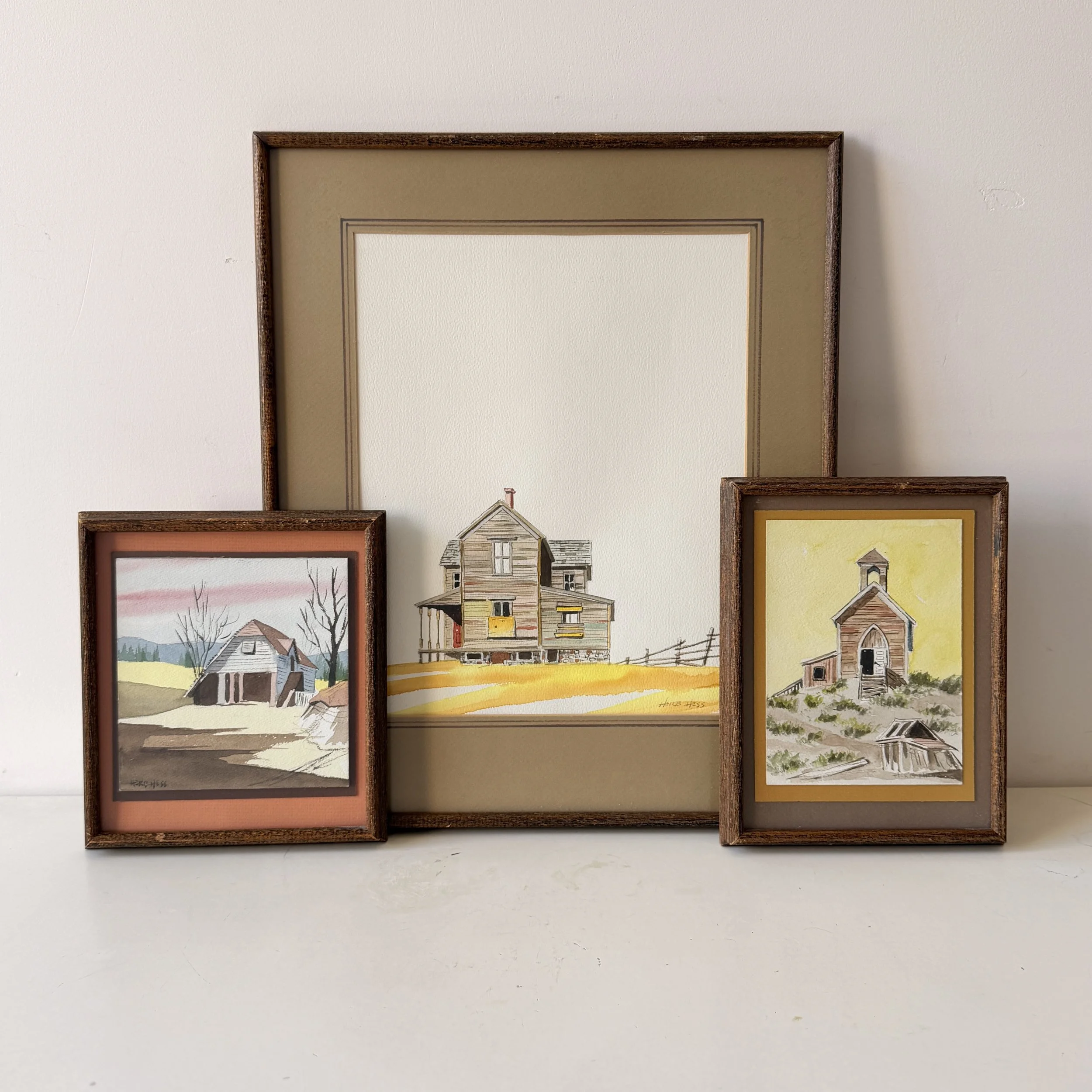 Collection of 3 Original Framed Countryside Watercolor Paintings by Spokane Artist, Herb Hess