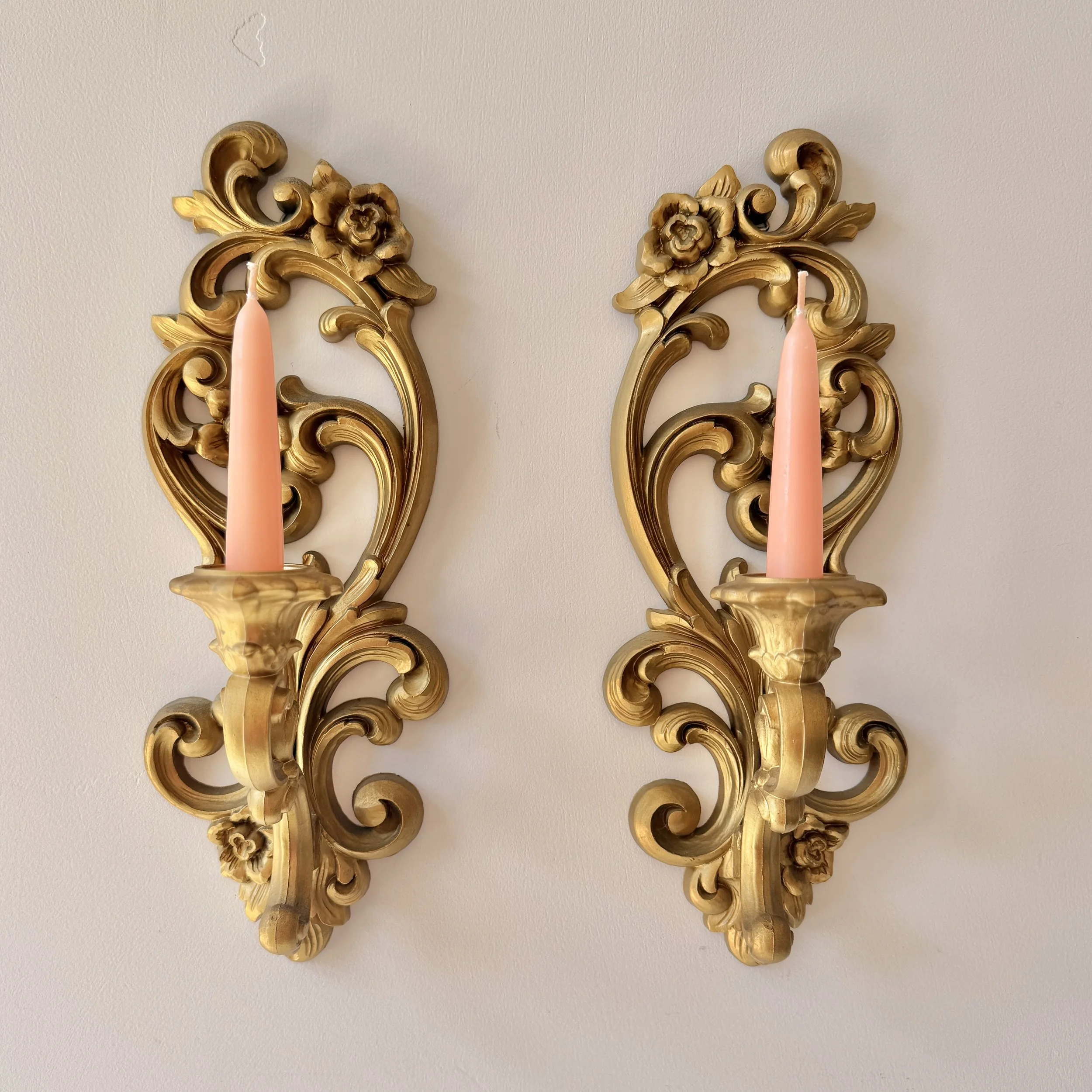 Pair of 1971 Gold Botanical Candle Wall Sconces by HOMCO