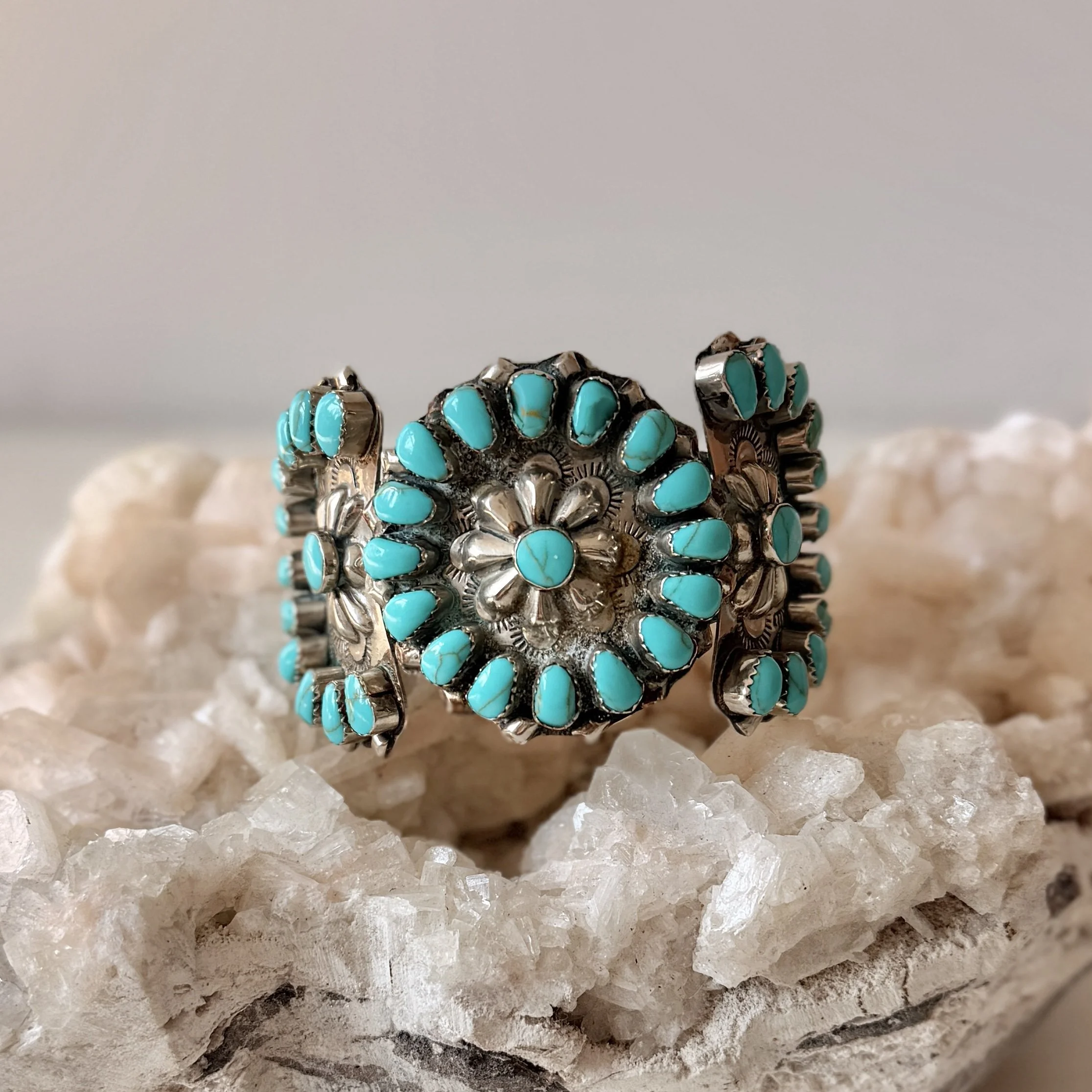 Navajo Intricate Sterling Silver & Turquoise Cuff Bracelet, Artist Signed "WB"