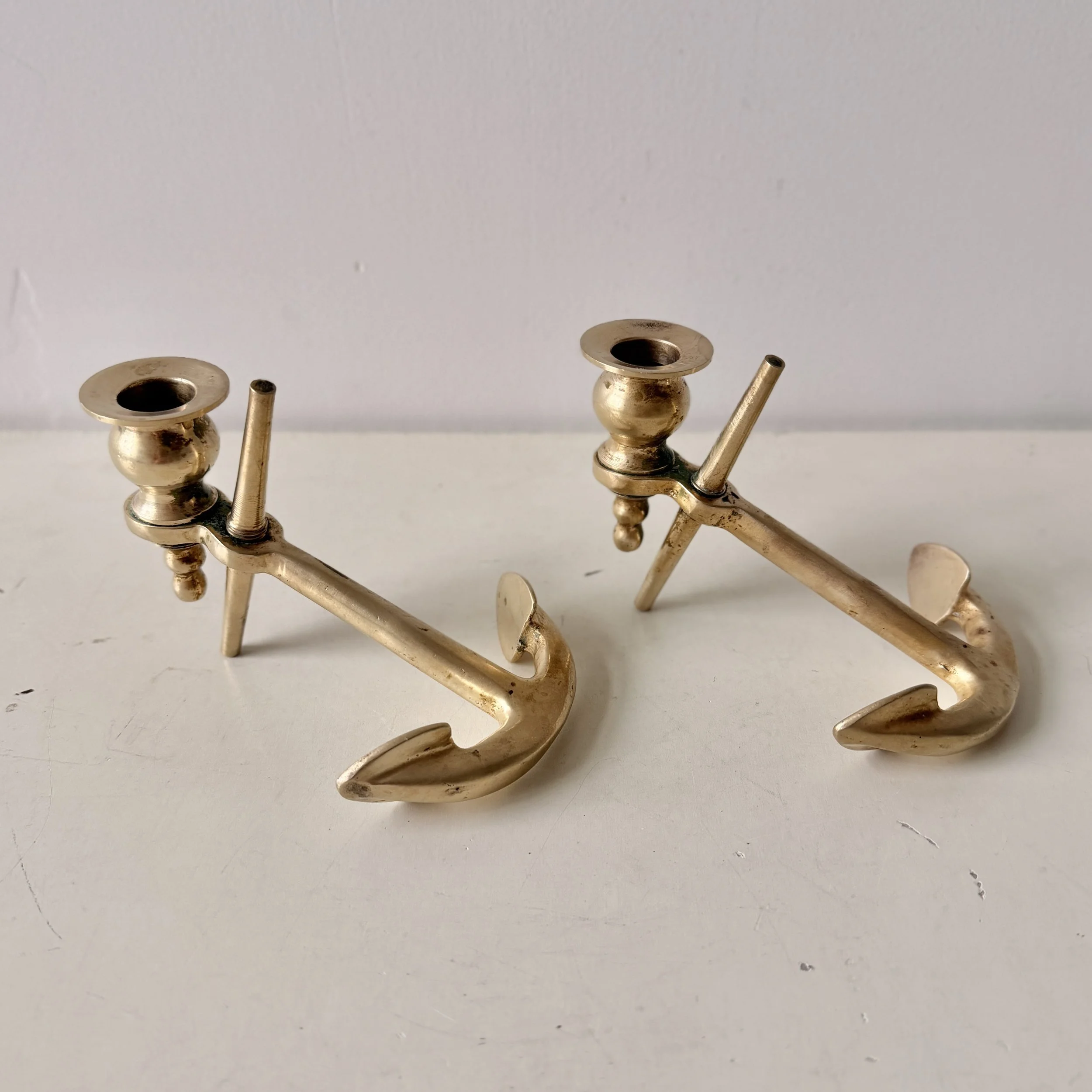 Pair of Vintage Brass Anchor Taper Candlestick Holders