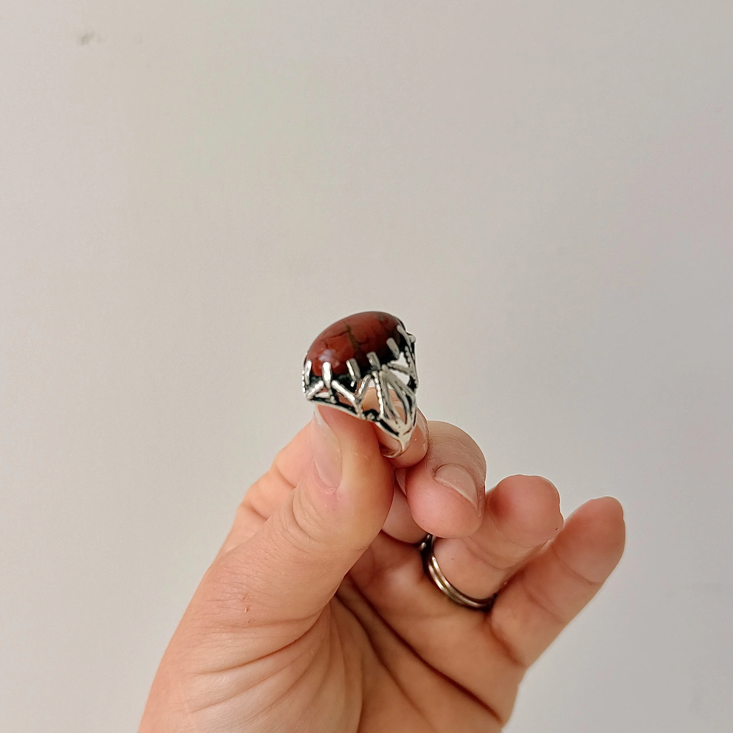 Spider-Like Sterling Silver  Ring with Natural Rust Color Stone, Size 5.25