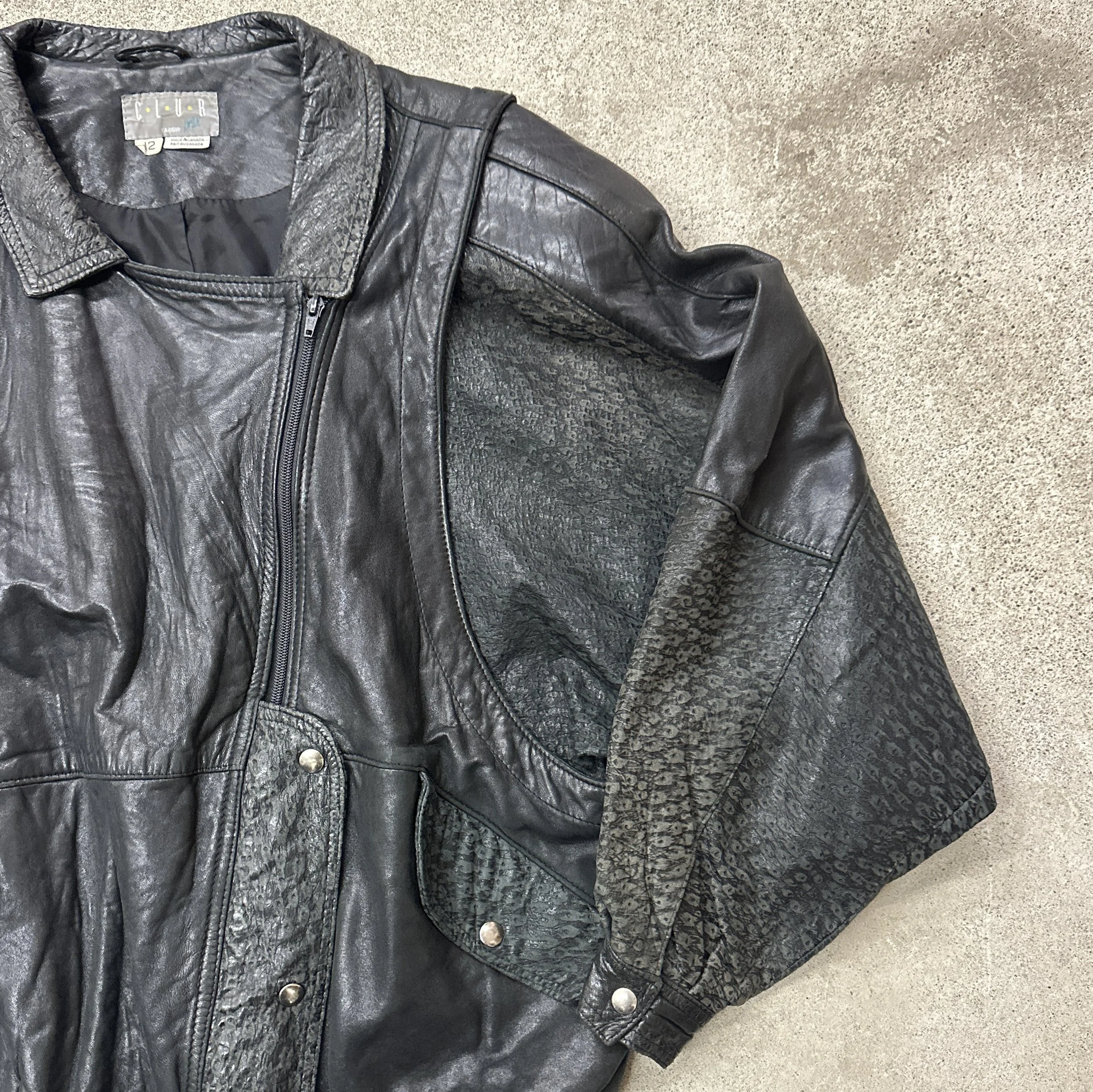 Soft 1980s CLUB Black Leather Bomber Jacket Size 12
