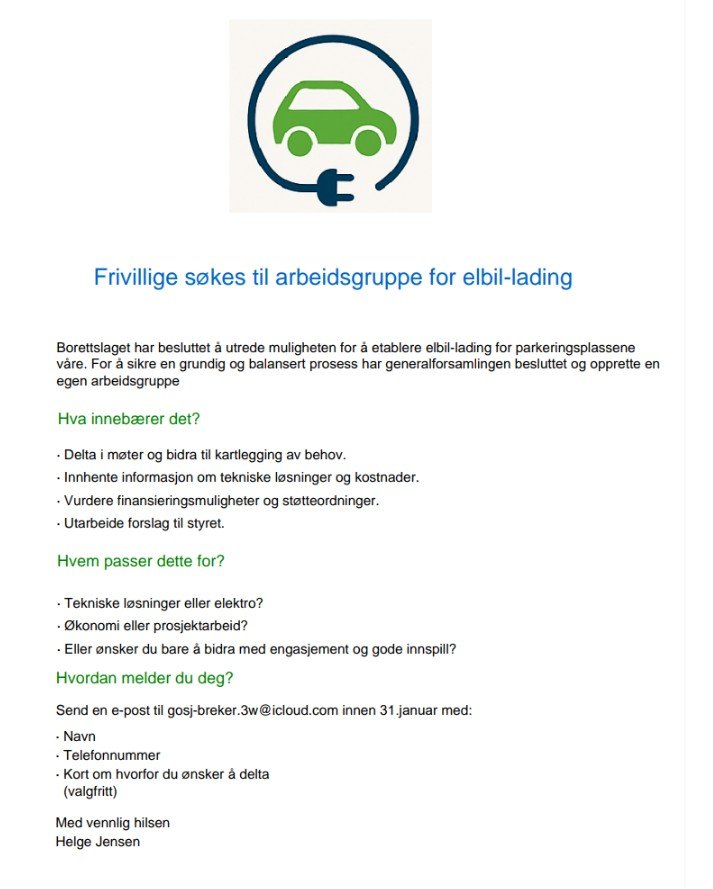 Frivillige søkes til arbeidsgruppe for elbil-lading  🚗