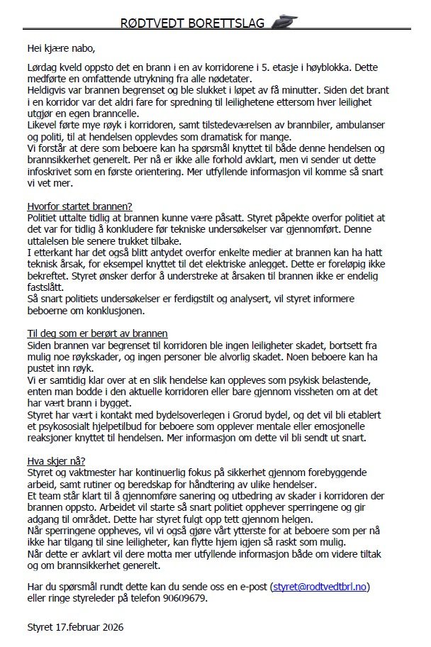 Infoskriv til beboere berørt av brannen i Rødtvetveien 16 📝
