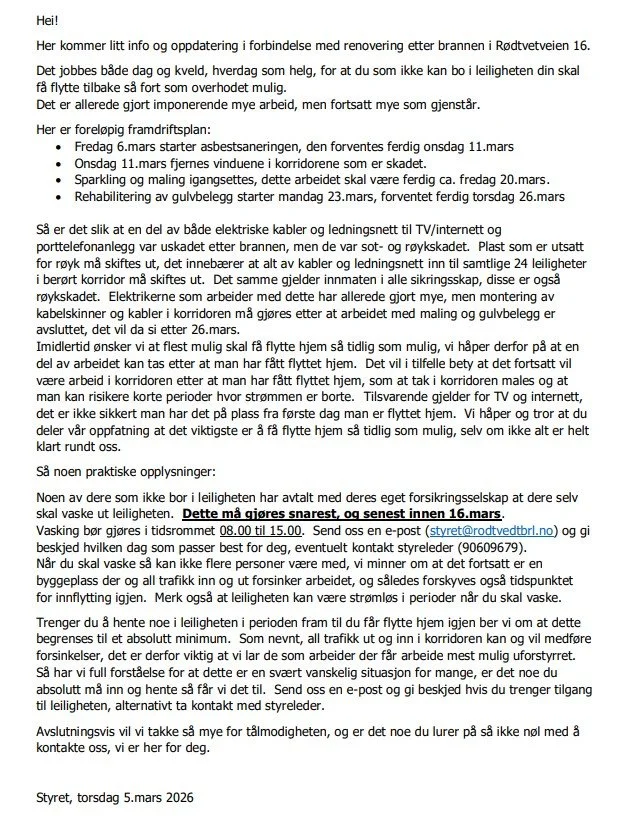 Informasjon til beboere berørt av brannen i Rødtvetveien 16 (per 05.03)📌