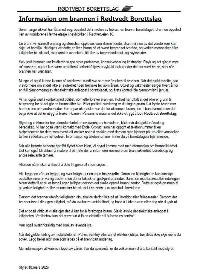 Informasjon om brannen i Rødtvedt Borettslag📍