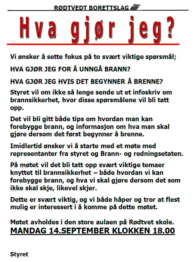 📌Møte om brannsikkerhet 📍mandag 14.september kl.18:00