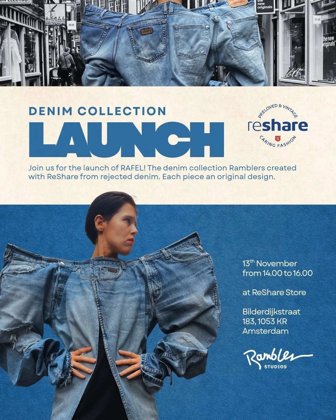The wait is over. RAFEL, our denim collection with ReShare, launches in two weeks.

Rejected denim, reworked by the Ramblers into original designs. We invite you to come celebrate, and see the finished pieces!

 🗓️ 13 November
 ⏰ 14:00&ndash;16:00
?
