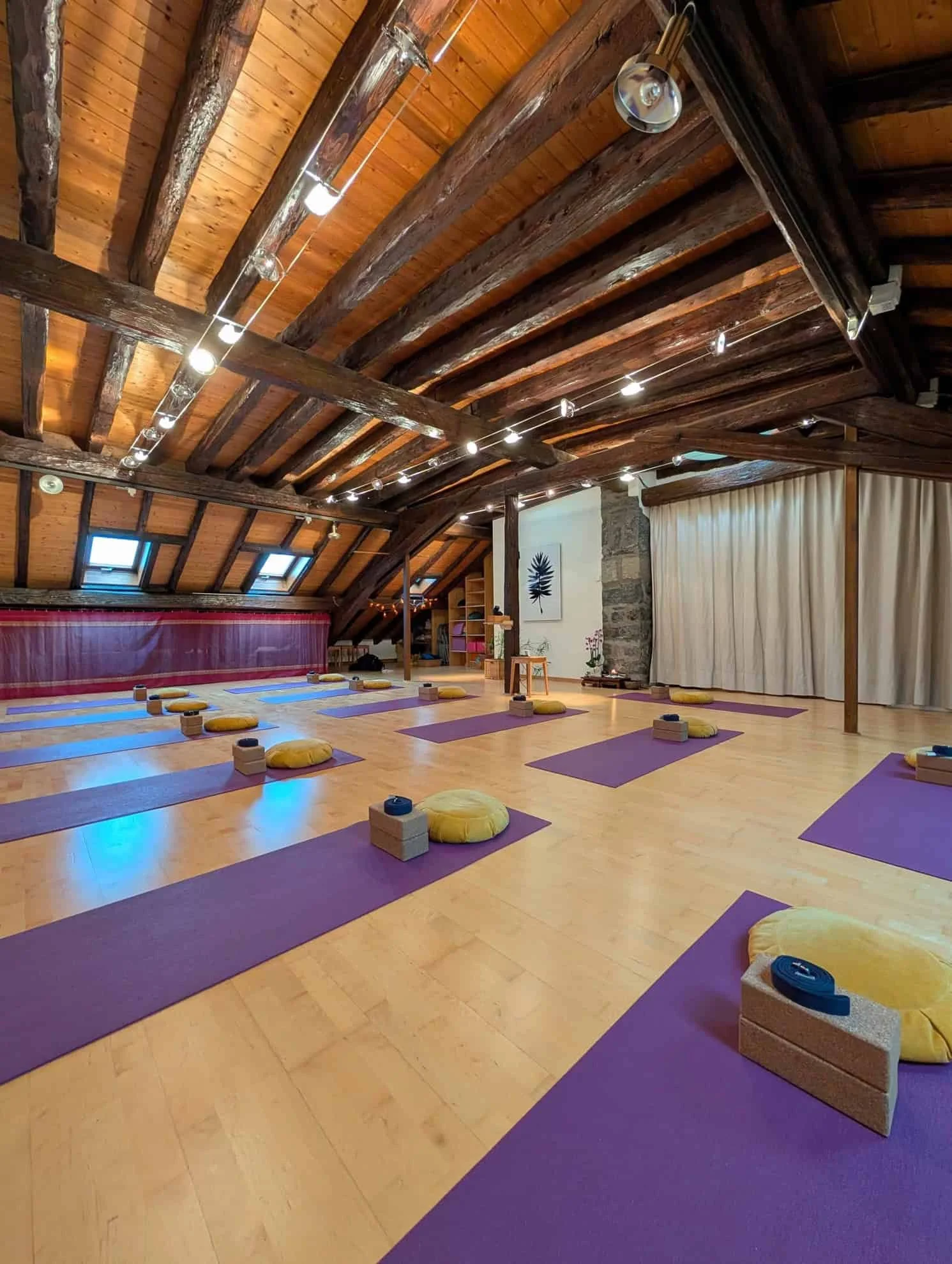 Yoga or meditation studio with purple mats, yellow cushions, and yoga blocks on a wooden floor, with a rustic wooden ceiling and skylights.