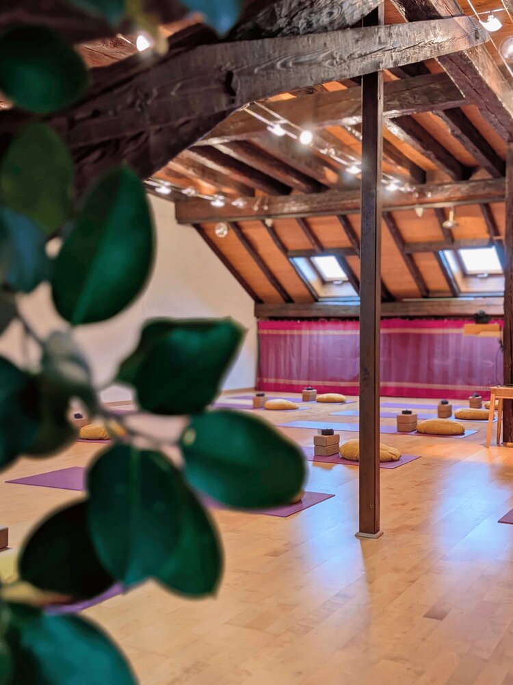 An interior yoga or meditation room with wooden beams, skylights, and a purple curtain at the back. Yoga mats, cushions, and blocks are arranged on a wooden floor, with string lights hanging from the ceiling.