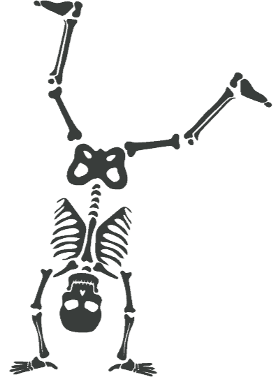A skeleton performing a handstand with legs bent and arms supporting the body.