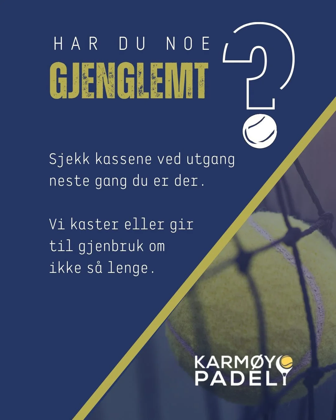 Har du glemt en drikkeflaske, sko eller noe kl&aelig;r?
Sjekk gjerne kassene ved utgangen neste gang du er i hallen.