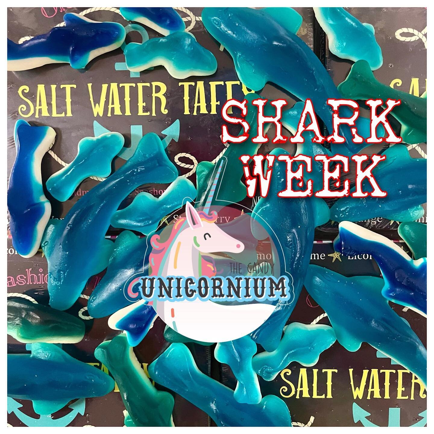 Its SHARK WEEK!!!!! The Candy Unicornium  is your go to spot for Gummy Sharks! 
From Baby Sharks to Giant Sharks your Shark Party will be Gummylicious! 
Open today until 7:00PM!!!!!! #TheCandyUnicornium #GummySharks #SharkWeek #CandyShoppe #candyCand
